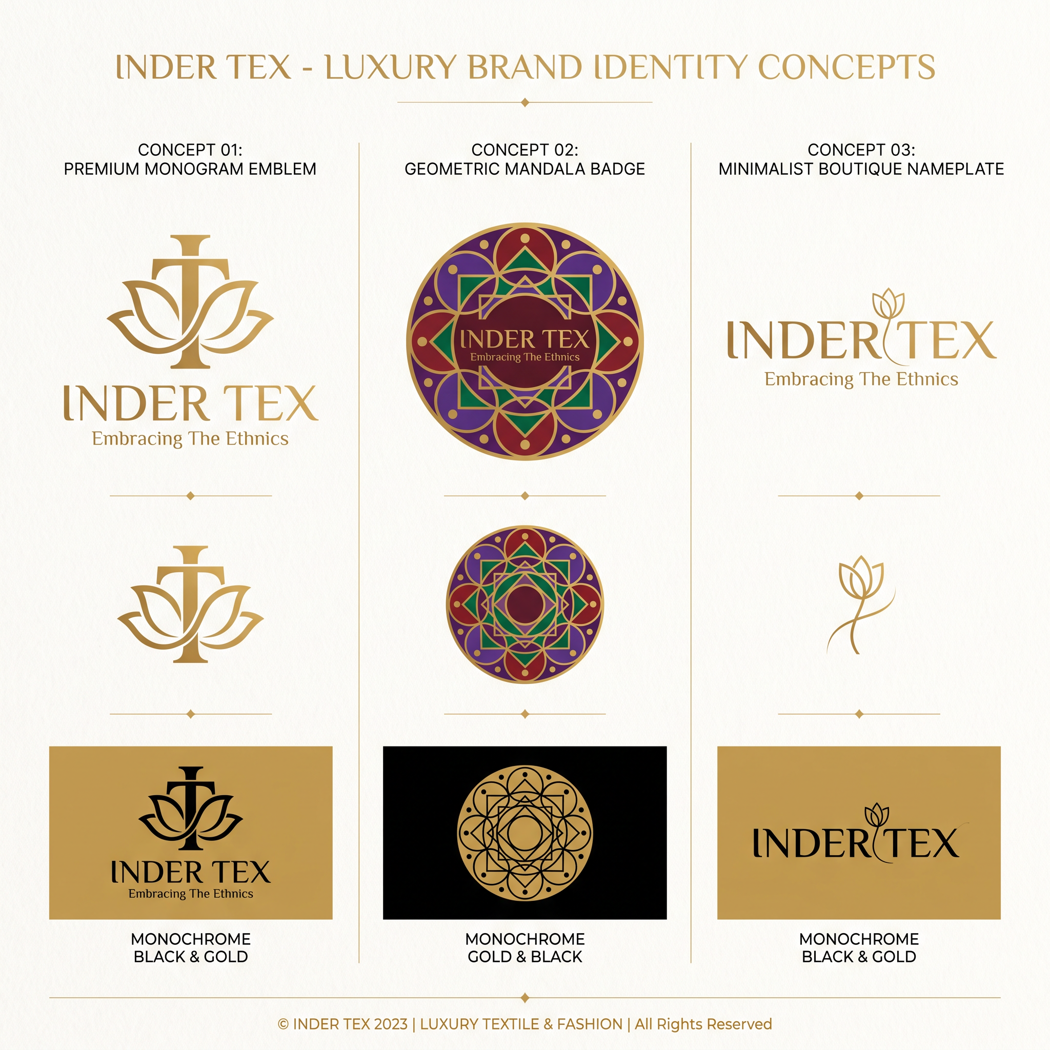 AI Design for A professional brand identity sheet showcasing three distinct luxury logo concepts for 'INDER TEX'. The designs feature a premium monogram emblem merging 'I' and 'T' with subtle lotus-petal curves, a geometric mandala-inspired circular badge using deep maroon, royal purple, and emerald green with gold accents, and a minimalist wordmark-led boutique nameplate with refined serif typography. All designs are rendered in a clean, flat vector aesthetic on an ivory background, emphasizing negative space and high-end elegance without any gradients, shadows, or 3D effects. The presentation includes the primary logo lockup with the tagline 'Embracing The Ethnics', a standalone icon variation, and a black-and-gold monochrome version, styled as a high-fashion branding presentation.