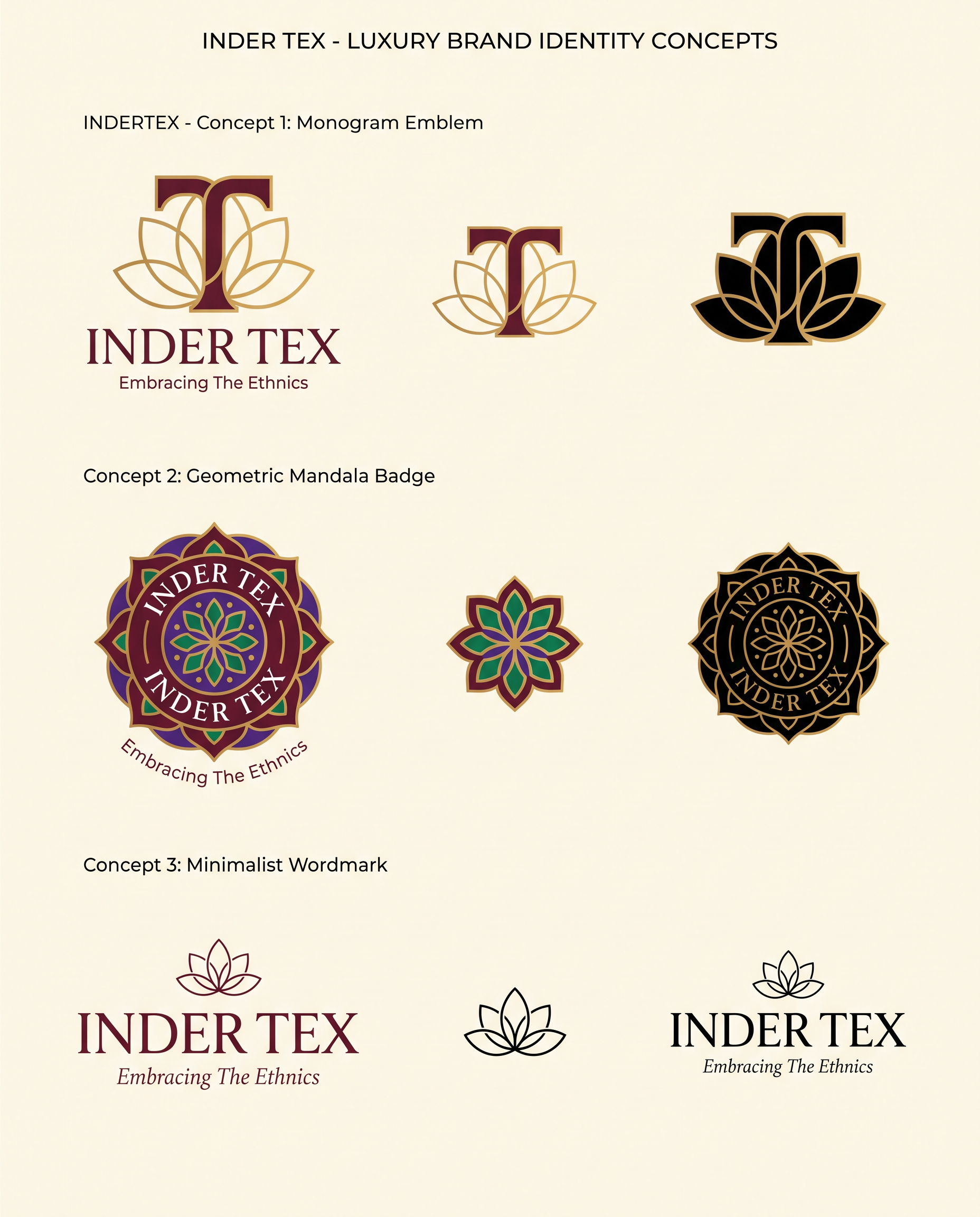 AI Design for A professional brand identity sheet showcasing three distinct luxury logo concepts for 'INDER TEX'. The designs feature a premium monogram emblem merging 'I' and 'T' with subtle lotus-petal curves, a geometric mandala-inspired circular badge using deep maroon, royal purple, and emerald green with gold accents, and a minimalist wordmark-led boutique nameplate with refined serif typography. All designs are rendered in a clean, flat vector aesthetic on an ivory background, emphasizing negative space and high-end elegance without any gradients, shadows, or 3D effects. The presentation includes the primary logo lockup with the tagline 'Embracing The Ethnics', a standalone icon variation, and a black-and-gold monochrome version, styled as a high-fashion branding presentation.