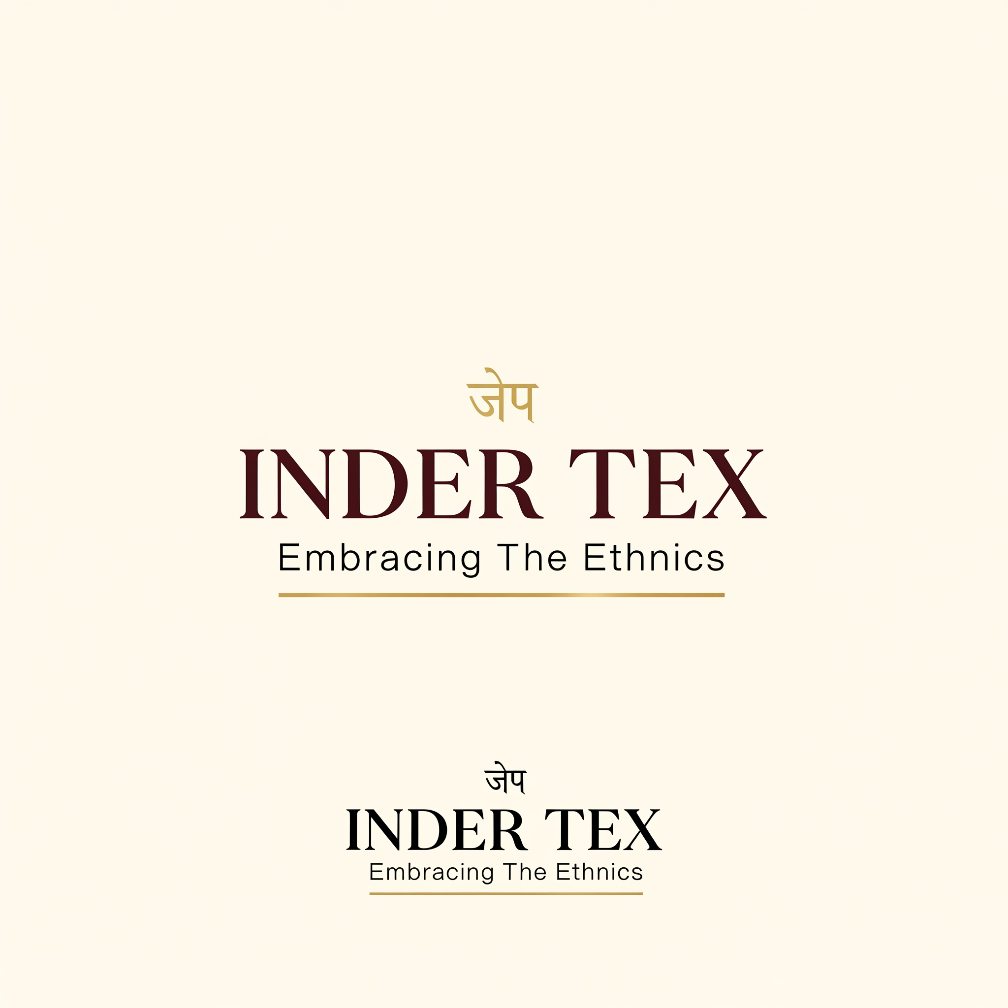 AI Design for Premium, minimalistic luxury logo design for an Indian women's ethnic fashion 
boutique. Flat vector design, no 3D, no gradients, no drop shadows, no glossy 
effects. Clean geometric balance, generous negative space, scalable icon that 
works as small as a clothing label and as large as a signboard.

Shop name: "INDER TEX"
Tagline: "Embracing The Ethnics"
Address line (small, for signage version only): Shop No. 106, Palika Bazar, 
Sector 19-C, Chandigarh

Color palette: deep maroon #7B1E3A, royal purple #5B2C83, emerald green 
#0F6B4D, gold #D4AF37 accents, on ivory/cream #FFF8F0 background. Provide 
an alternate black-and-gold monochrome version.

Typography: elegant serif or refined luxury script for "INDER TEX", paired 
with a thin modern sans-serif for the tagline. Balanced letter spacing, 
readable from a distance. Optional subtle Devanagari accent, not dominant.

Mockup presentation: centered logo lockup on a plain white background, 
professional branding-sheet style, showing the icon + wordmark + tagline 
together, high-resolution vector aesthetic.

Avoid: clip-art look, generic shopping-bag icons, overly literal saree 
drawings, cluttered detail, 3D effects, stock-logo clichés, AI "logo slop" 
symmetry artifacts, excess ornamentation.
[Shared Style Block]

Concept: Luxury monogram logo built from the initials "I" and "T" (Inder Tex), 
interlocked or nested into a single elegant emblem — similar in spirit to 
high-fashion house monograms. Incorporate one subtle paisley or lotus-petal 
curve into the negative space of the letterforms, not as a separate 
decoration. Monogram sits above or beside the wordmark "INDER TEX" with 
tagline beneath in smaller type. Gold monogram on maroon or purple circular 
or hexagonal badge, with an ivory background version and a pure line-art 
black version.

[Shared Style Block]

Concept: A refined circular emblem built from a stylized mandala or lotus 
formed by 4–6 simplified paisley petals arranged with symmetrical balance — 
modern and geometric, not busy or traditional-clipart style. Petals in 
maroon, purple, and emerald with thin gold outlines, on an ivory circular 
badge. "INDER TEX" wordmark curves along the top or sits centered below the 
emblem, tagline in smaller letterspaced type beneath. Emblem should work as 
a standalone icon (app icon, button) separate from the wordmark.

[Shared Style Block]

Concept: A wordmark-led logo — no icon, or only a single hairline accent 
(one thin gold thread-like flourish or a minimal needle-and-thread stroke 
beneath the last letter). "INDER TEX" set in a premium luxury serif or 
refined script, wide letter spacing, small-caps feel. Tagline "Embracing 
The Ethnics" in a thin uppercase sans-serif directly below, separated by a 
slim gold rule line. Entire lockup should feel like a high-end boutique 
nameplate — think minimal fashion-house signage rather than a logo mark.