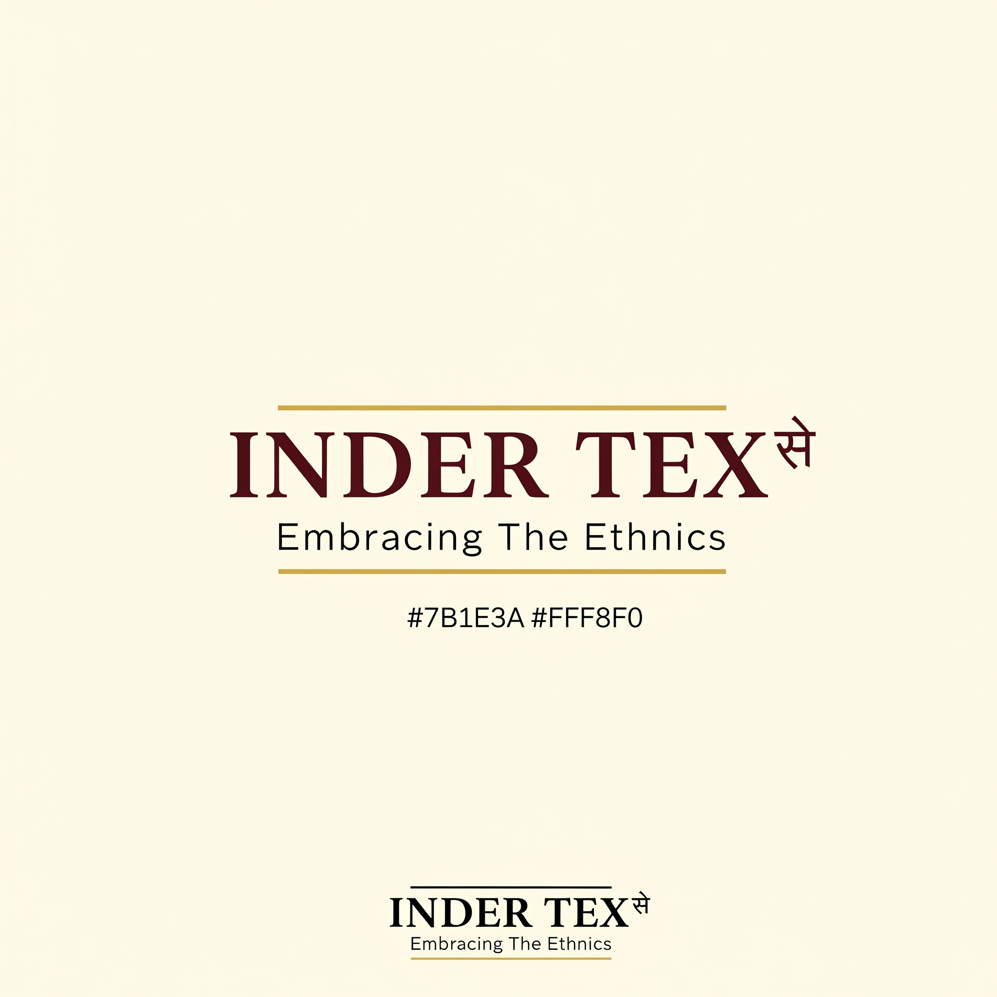 AI Design for Premium, minimalistic luxury logo design for an Indian women's ethnic fashion 
boutique. Flat vector design, no 3D, no gradients, no drop shadows, no glossy 
effects. Clean geometric balance, generous negative space, scalable icon that 
works as small as a clothing label and as large as a signboard.

Shop name: "INDER TEX"
Tagline: "Embracing The Ethnics"
Address line (small, for signage version only): Shop No. 106, Palika Bazar, 
Sector 19-C, Chandigarh

Color palette: deep maroon #7B1E3A, royal purple #5B2C83, emerald green 
#0F6B4D, gold #D4AF37 accents, on ivory/cream #FFF8F0 background. Provide 
an alternate black-and-gold monochrome version.

Typography: elegant serif or refined luxury script for "INDER TEX", paired 
with a thin modern sans-serif for the tagline. Balanced letter spacing, 
readable from a distance. Optional subtle Devanagari accent, not dominant.

Mockup presentation: centered logo lockup on a plain white background, 
professional branding-sheet style, showing the icon + wordmark + tagline 
together, high-resolution vector aesthetic.

Avoid: clip-art look, generic shopping-bag icons, overly literal saree 
drawings, cluttered detail, 3D effects, stock-logo clichés, AI "logo slop" 
symmetry artifacts, excess ornamentation.
[Shared Style Block]

Concept: Luxury monogram logo built from the initials "I" and "T" (Inder Tex), 
interlocked or nested into a single elegant emblem — similar in spirit to 
high-fashion house monograms. Incorporate one subtle paisley or lotus-petal 
curve into the negative space of the letterforms, not as a separate 
decoration. Monogram sits above or beside the wordmark "INDER TEX" with 
tagline beneath in smaller type. Gold monogram on maroon or purple circular 
or hexagonal badge, with an ivory background version and a pure line-art 
black version.

[Shared Style Block]

Concept: A refined circular emblem built from a stylized mandala or lotus 
formed by 4–6 simplified paisley petals arranged with symmetrical balance — 
modern and geometric, not busy or traditional-clipart style. Petals in 
maroon, purple, and emerald with thin gold outlines, on an ivory circular 
badge. "INDER TEX" wordmark curves along the top or sits centered below the 
emblem, tagline in smaller letterspaced type beneath. Emblem should work as 
a standalone icon (app icon, button) separate from the wordmark.

[Shared Style Block]

Concept: A wordmark-led logo — no icon, or only a single hairline accent 
(one thin gold thread-like flourish or a minimal needle-and-thread stroke 
beneath the last letter). "INDER TEX" set in a premium luxury serif or 
refined script, wide letter spacing, small-caps feel. Tagline "Embracing 
The Ethnics" in a thin uppercase sans-serif directly below, separated by a 
slim gold rule line. Entire lockup should feel like a high-end boutique 
nameplate — think minimal fashion-house signage rather than a logo mark.