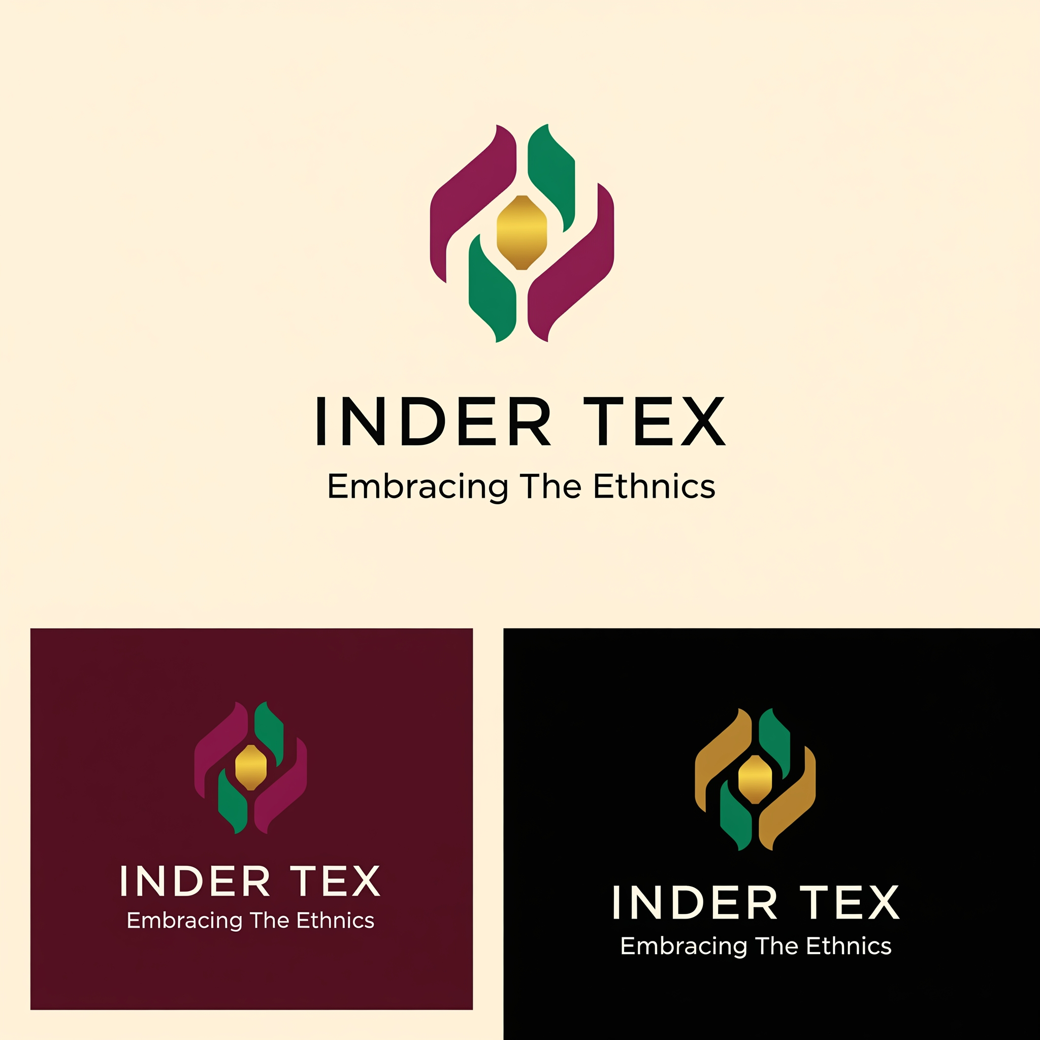 AI Design for Premium, minimalistic luxury logo design for an Indian women's ethnic fashion 
boutique. Flat vector design, no 3D, no gradients, no drop shadows, no glossy 
effects. Clean geometric balance, generous negative space, scalable icon that 
works as small as a clothing label and as large as a signboard.

Shop name: "INDER TEX"
Tagline: "Embracing The Ethnics"
Address line (small, for signage version only): Shop No. 106, Palika Bazar, 
Sector 19-C, Chandigarh

Color palette: deep maroon #7B1E3A, royal purple #5B2C83, emerald green 
#0F6B4D, gold #D4AF37 accents, on ivory/cream #FFF8F0 background. Provide 
an alternate black-and-gold monochrome version.

Typography: elegant serif or refined luxury script for "INDER TEX", paired 
with a thin modern sans-serif for the tagline. Balanced letter spacing, 
readable from a distance. Optional subtle Devanagari accent, not dominant.

Mockup presentation: centered logo lockup on a plain white background, 
professional branding-sheet style, showing the icon + wordmark + tagline 
together, high-resolution vector aesthetic.

Avoid: clip-art look, generic shopping-bag icons, overly literal saree 
drawings, cluttered detail, 3D effects, stock-logo clichés, AI "logo slop" 
symmetry artifacts, excess ornamentation.
[Shared Style Block]

Concept: Luxury monogram logo built from the initials "I" and "T" (Inder Tex), 
interlocked or nested into a single elegant emblem — similar in spirit to 
high-fashion house monograms. Incorporate one subtle paisley or lotus-petal 
curve into the negative space of the letterforms, not as a separate 
decoration. Monogram sits above or beside the wordmark "INDER TEX" with 
tagline beneath in smaller type. Gold monogram on maroon or purple circular 
or hexagonal badge, with an ivory background version and a pure line-art 
black version.

[Shared Style Block]

Concept: A refined circular emblem built from a stylized mandala or lotus 
formed by 4–6 simplified paisley petals arranged with symmetrical balance — 
modern and geometric, not busy or traditional-clipart style. Petals in 
maroon, purple, and emerald with thin gold outlines, on an ivory circular 
badge. "INDER TEX" wordmark curves along the top or sits centered below the 
emblem, tagline in smaller letterspaced type beneath. Emblem should work as 
a standalone icon (app icon, button) separate from the wordmark.

[Shared Style Block]

Concept: A wordmark-led logo — no icon, or only a single hairline accent 
(one thin gold thread-like flourish or a minimal needle-and-thread stroke 
beneath the last letter). "INDER TEX" set in a premium luxury serif or 
refined script, wide letter spacing, small-caps feel. Tagline "Embracing 
The Ethnics" in a thin uppercase sans-serif directly below, separated by a 
slim gold rule line. Entire lockup should feel like a high-end boutique 
nameplate — think minimal fashion-house signage rather than a logo mark.