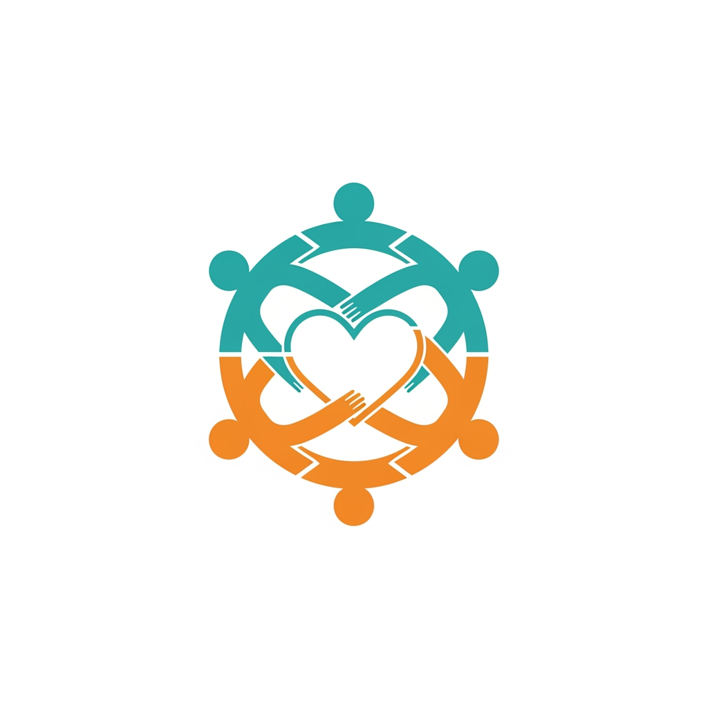 AI Design for a minimalist, modern vector logo for a non-profit community charity. Features abstract shapes of diverse people holding hands in a circular formation, forming a heart. Clean lines, friendly and warm tone. Colors: hopeful teal and warm orange. Flat design, solid white background, highly scalable, professional branding.