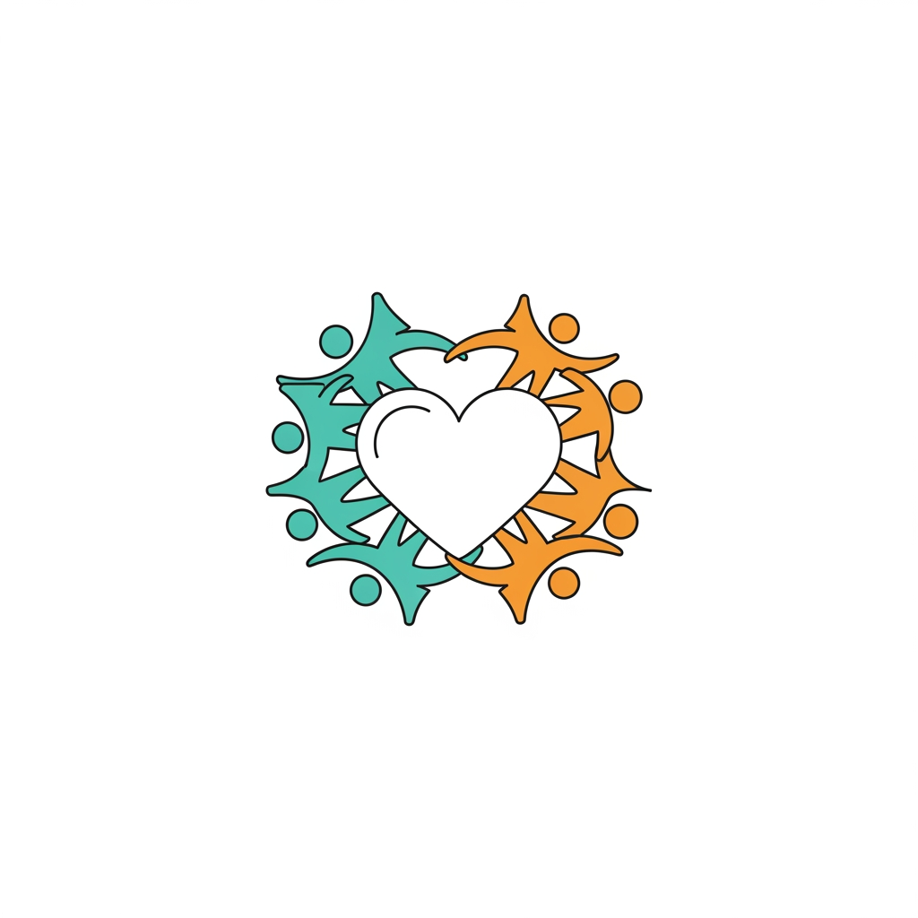 AI Design for a minimalist, modern vector logo for a non-profit community charity. Features abstract shapes of diverse people holding hands in a circular formation, forming a heart. Clean lines, friendly and warm tone. Colors: hopeful teal and warm orange. Flat design, solid white background, highly scalable, professional branding.