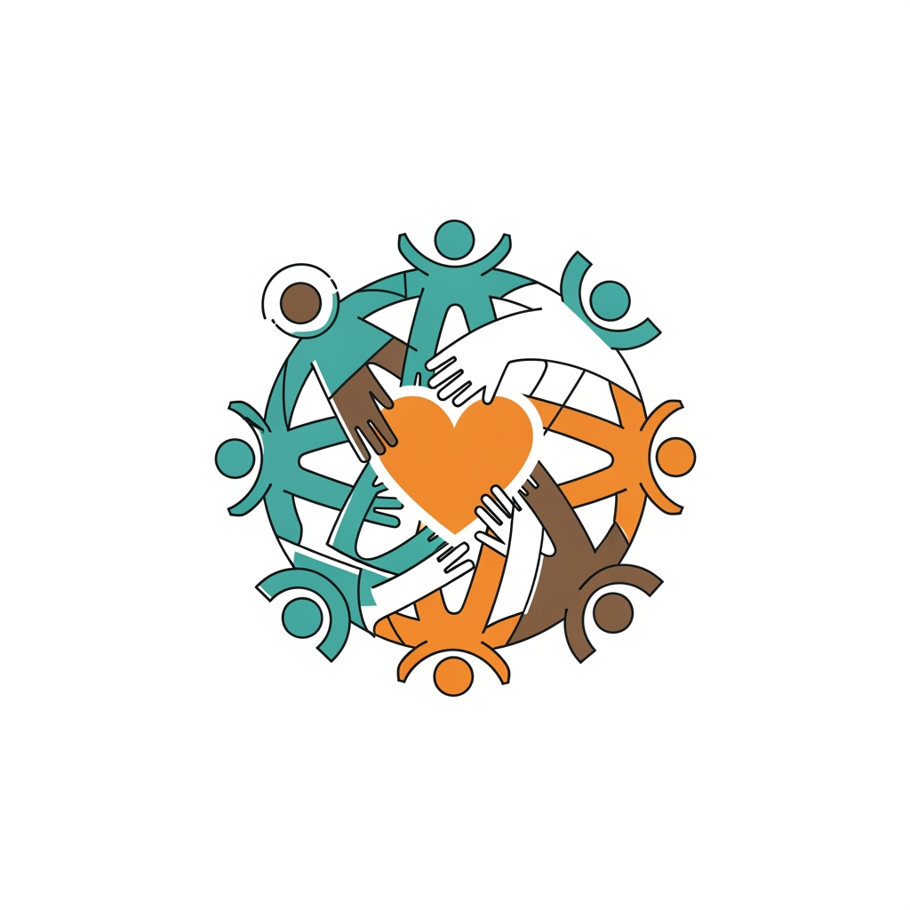 AI Design for a minimalist, modern vector logo for a non-profit community charity. Features abstract shapes of diverse people holding hands in a circular formation, forming a heart. Clean lines, friendly and warm tone. Colors: hopeful teal and warm orange. Flat design, solid white background, highly scalable, professional branding.