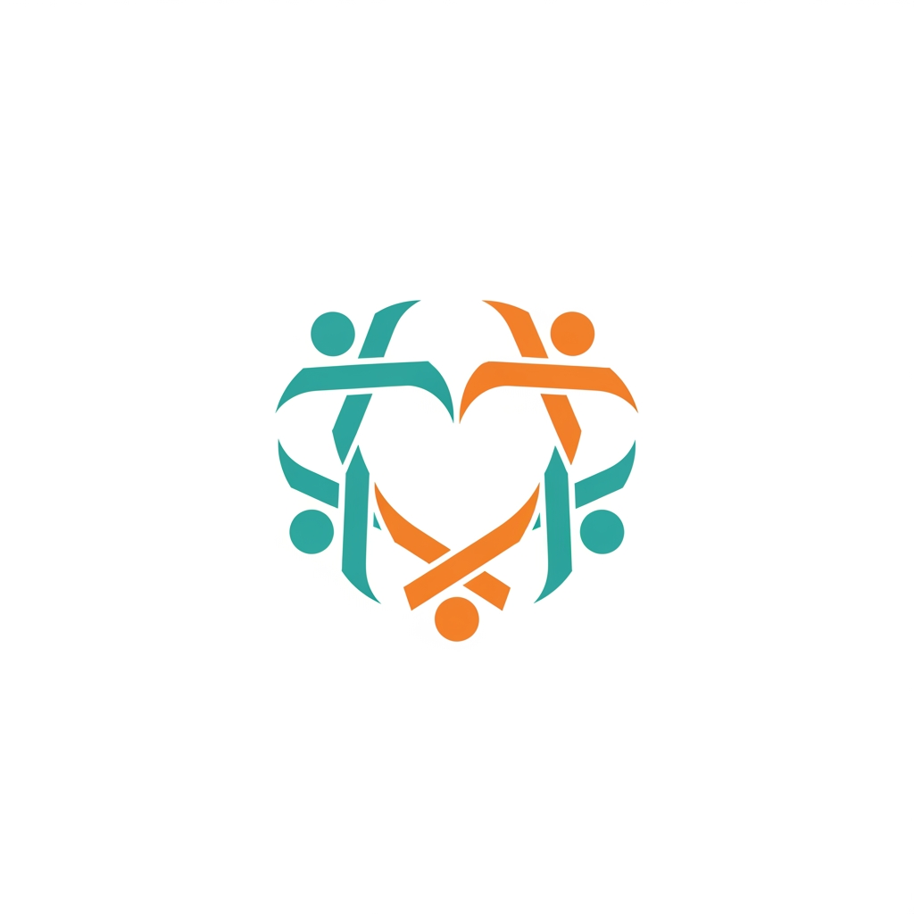 AI Design for a minimalist, modern vector logo for a non-profit community charity. Features abstract shapes of diverse people holding hands in a circular formation, forming a heart. Clean lines, friendly and warm tone. Colors: hopeful teal and warm orange. Flat design, solid white background, highly scalable, professional branding.