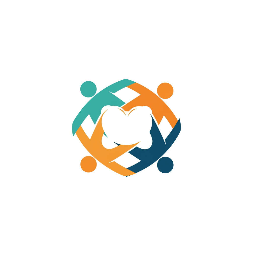 AI Design for a minimalist, modern vector logo for a non-profit community charity. Features abstract shapes of diverse people holding hands in a circular formation, forming a heart. Clean lines, friendly and warm tone. Colors: hopeful teal and warm orange. Flat design, solid white background, highly scalable, professional branding.