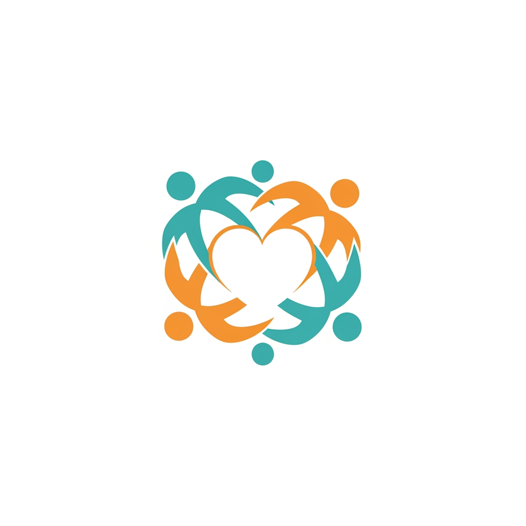 AI Design for a minimalist, modern vector logo for a non-profit community charity. Features abstract shapes of diverse people holding hands in a circular formation, forming a heart. Clean lines, friendly and warm tone. Colors: hopeful teal and warm orange. Flat design, solid white background, highly scalable, professional branding.