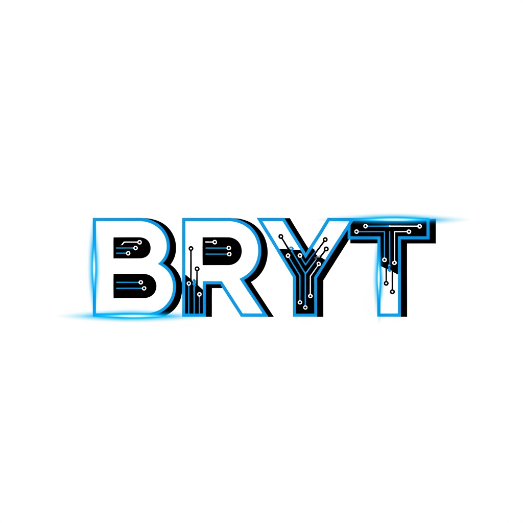 AI Design for BRYT 
THIS IS THE NAME CREATE THIS NAME LOGO
Create a modern, premium, minimalist logo for the brand "BRYT". The logo should represent technology, innovation, security, AI, CCTV surveillance, digital solutions, and smart business. Design a bold custom wordmark with clean geometric typography. Use a futuristic style with sharp edges and subtle circuit-inspired details. Colors: electric blue, white, and black. Add a glowing effect and a professional corporate look. Flat vector design with a transparent background. High-resolution 4K. No mockup, no watermark, no extra text.