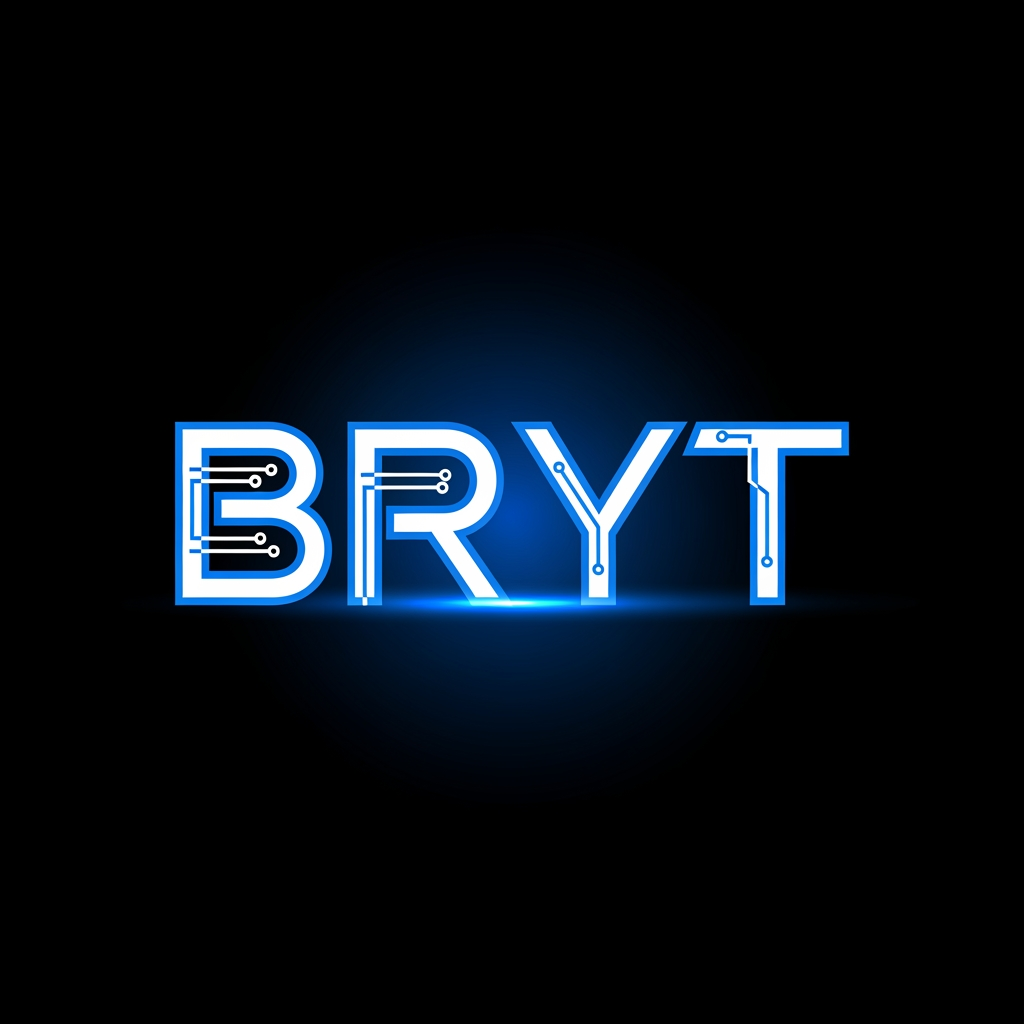 AI Design for BRYT 
THIS IS THE NAME CREATE THIS NAME LOGO
Create a modern, premium, minimalist logo for the brand "BRYT". The logo should represent technology, innovation, security, AI, CCTV surveillance, digital solutions, and smart business. Design a bold custom wordmark with clean geometric typography. Use a futuristic style with sharp edges and subtle circuit-inspired details. Colors: electric blue, white, and black. Add a glowing effect and a professional corporate look. Flat vector design with a transparent background. High-resolution 4K. No mockup, no watermark, no extra text.