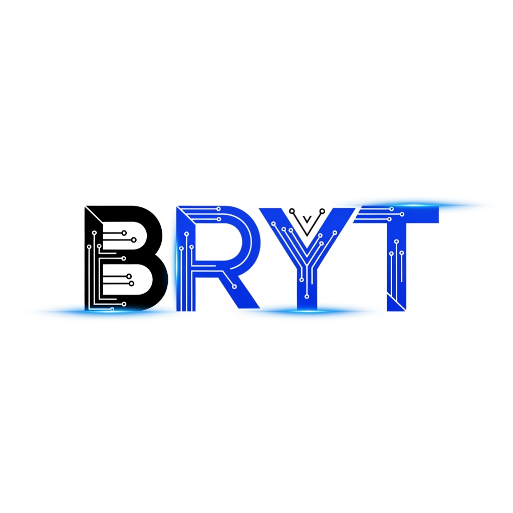 AI Design for BRYT 
THIS IS THE NAME CREATE THIS NAME LOGO
Create a modern, premium, minimalist logo for the brand "BRYT". The logo should represent technology, innovation, security, AI, CCTV surveillance, digital solutions, and smart business. Design a bold custom wordmark with clean geometric typography. Use a futuristic style with sharp edges and subtle circuit-inspired details. Colors: electric blue, white, and black. Add a glowing effect and a professional corporate look. Flat vector design with a transparent background. High-resolution 4K. No mockup, no watermark, no extra text.