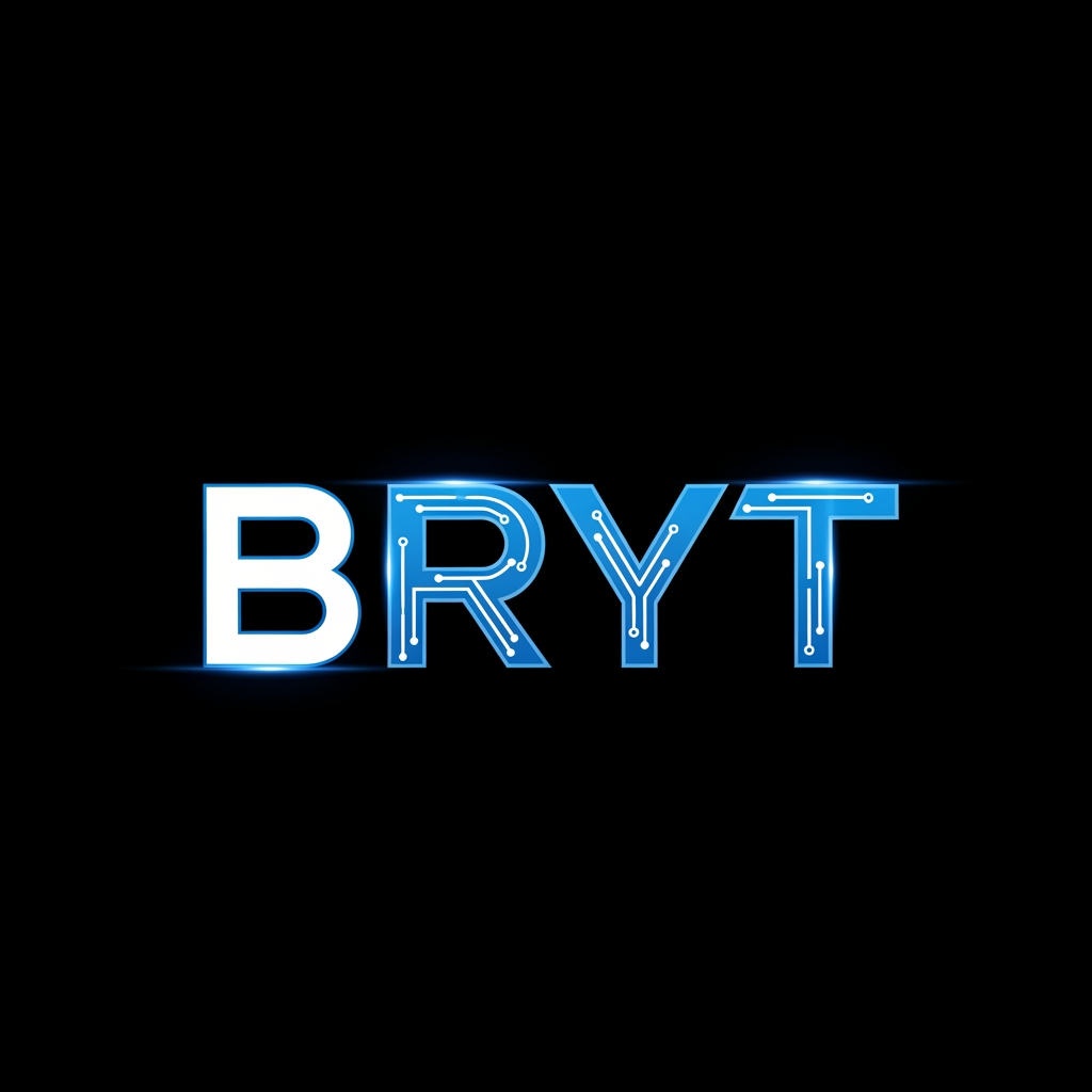 AI Design for BRYT 
THIS IS THE NAME CREATE THIS NAME LOGO
Create a modern, premium, minimalist logo for the brand "BRYT". The logo should represent technology, innovation, security, AI, CCTV surveillance, digital solutions, and smart business. Design a bold custom wordmark with clean geometric typography. Use a futuristic style with sharp edges and subtle circuit-inspired details. Colors: electric blue, white, and black. Add a glowing effect and a professional corporate look. Flat vector design with a transparent background. High-resolution 4K. No mockup, no watermark, no extra text.