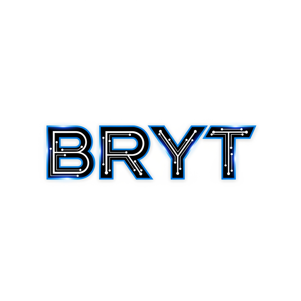 AI Design for BRYT 
THIS IS THE NAME CREATE THIS NAME LOGO
Create a modern, premium, minimalist logo for the brand "BRYT". The logo should represent technology, innovation, security, AI, CCTV surveillance, digital solutions, and smart business. Design a bold custom wordmark with clean geometric typography. Use a futuristic style with sharp edges and subtle circuit-inspired details. Colors: electric blue, white, and black. Add a glowing effect and a professional corporate look. Flat vector design with a transparent background. High-resolution 4K. No mockup, no watermark, no extra text.