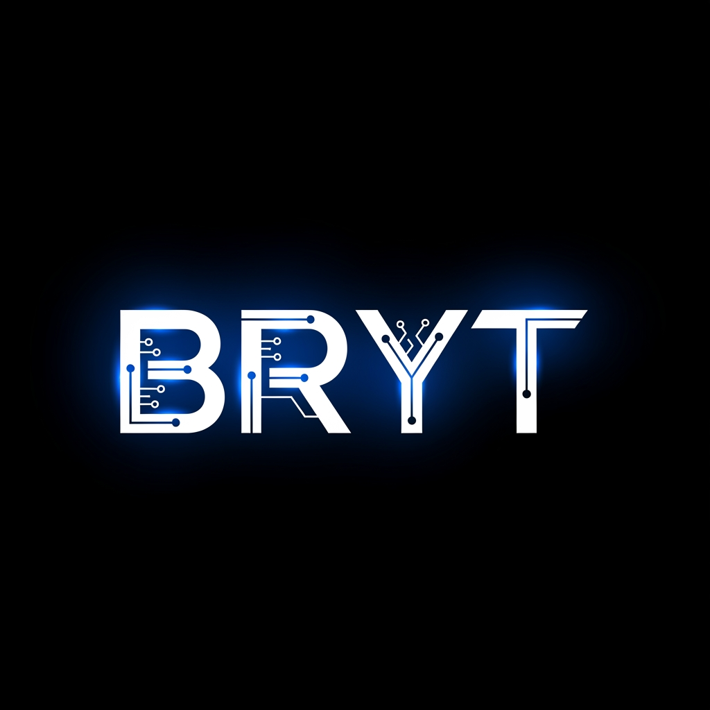 AI Design for BRYT 
THIS IS THE NAME CREATE THIS NAME LOGO
Create a modern, premium, minimalist logo for the brand "BRYT". The logo should represent technology, innovation, security, AI, CCTV surveillance, digital solutions, and smart business. Design a bold custom wordmark with clean geometric typography. Use a futuristic style with sharp edges and subtle circuit-inspired details. Colors: electric blue, white, and black. Add a glowing effect and a professional corporate look. Flat vector design with a transparent background. High-resolution 4K. No mockup, no watermark, no extra text.