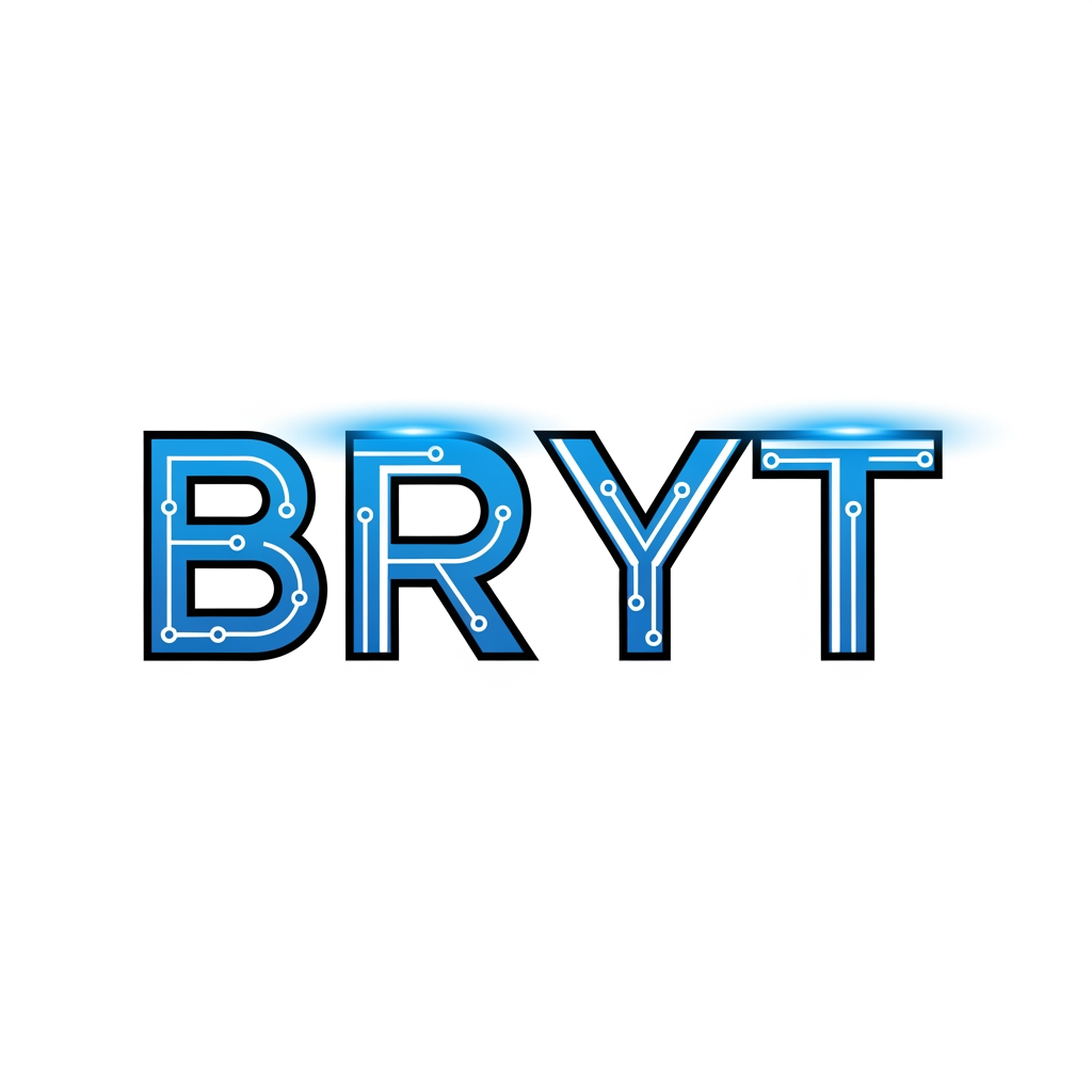 AI Design for BRYT 
THIS IS THE NAME CREATE THIS NAME LOGO
Create a modern, premium, minimalist logo for the brand "BRYT". The logo should represent technology, innovation, security, AI, CCTV surveillance, digital solutions, and smart business. Design a bold custom wordmark with clean geometric typography. Use a futuristic style with sharp edges and subtle circuit-inspired details. Colors: electric blue, white, and black. Add a glowing effect and a professional corporate look. Flat vector design with a transparent background. High-resolution 4K. No mockup, no watermark, no extra text.