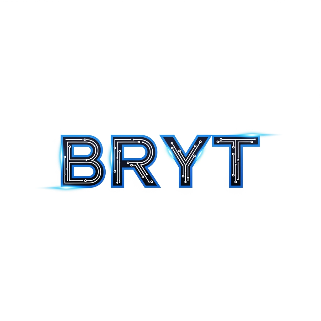 AI Design for BRYT 
THIS IS THE NAME CREATE THIS NAME LOGO
Create a modern, premium, minimalist logo for the brand "BRYT". The logo should represent technology, innovation, security, AI, CCTV surveillance, digital solutions, and smart business. Design a bold custom wordmark with clean geometric typography. Use a futuristic style with sharp edges and subtle circuit-inspired details. Colors: electric blue, white, and black. Add a glowing effect and a professional corporate look. Flat vector design with a transparent background. High-resolution 4K. No mockup, no watermark, no extra text.