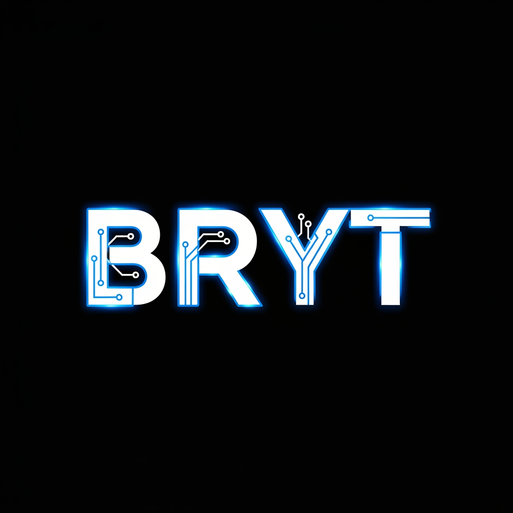 AI Design for BRYT 
THIS IS THE NAME CREATE THIS NAME LOGO
Create a modern, premium, minimalist logo for the brand "BRYT". The logo should represent technology, innovation, security, AI, CCTV surveillance, digital solutions, and smart business. Design a bold custom wordmark with clean geometric typography. Use a futuristic style with sharp edges and subtle circuit-inspired details. Colors: electric blue, white, and black. Add a glowing effect and a professional corporate look. Flat vector design with a transparent background. High-resolution 4K. No mockup, no watermark, no extra text.