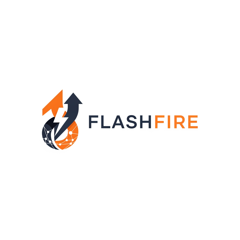 AI Design for Design a modern, minimalist logo for a startup called "Flashfire". The company is an AI-powered job application and interview copilot that helps students and professionals land interviews faster. The logo should symbolize speed, intelligence, precision, and career growth—not a literal flame. Create a unique abstract mark by combining elements of lightning, upward movement, arrows, neural networks, or geometric shapes. Avoid mascots, owls, robots, chat bubbles, and generic AI icons. Use a bold, clean, flat vector style with smooth curves and strong geometry. Primary colors: vibrant orange (#FF6B2C), deep charcoal (#111827), and white. The logo should work on both light and dark backgrounds, be scalable for app icons and websites, and have a premium Silicon Valley SaaS startup aesthetic. Include the wordmark "FLASHFIRE" in a modern sans-serif font such as Satoshi, General Sans, or Space Grotesk. Minimal, memorable, timeless, professional, high contrast, balanced spacing, vector logo, no gradients, no mockup, transparent background.