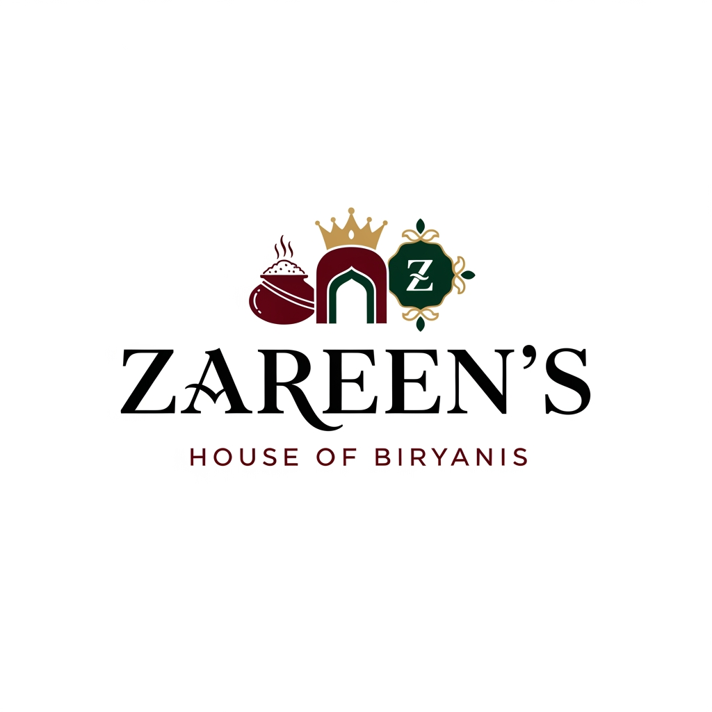 AI Design for Design a luxury, premium, timeless restaurant brand logo for "ZAREEN'S HOUSE OF BIRYANIS", an authentic Indian cuisine brand specializing in Biryanis, Signature Starters, Chinese, and Desserts.

The logo should communicate royalty, authenticity, heritage, craftsmanship, premium quality, and unforgettable taste, while remaining modern enough to work across restaurants, food packaging, delivery apps, uniforms, signage, social media, and premium branding.

The visual identity should blend Mughal elegance with modern minimalism, avoiding cliché restaurant graphics and cartoon illustrations.

Typography

Primary focus should be on elegant custom typography.
"ZAREEN'S" should be the hero element.
"HOUSE OF BIRYANIS" should complement it in refined lettering.
Create a unique typographic identity rather than using standard fonts.
Sophisticated serif with handcrafted details or premium calligraphic lettering.
Balanced spacing with luxurious proportions.

Symbol
Create a memorable iconic mark that subtly combines:

royal crown
traditional biryani handi (pot)
aromatic steam
Mughal arch
elegant "Z" monogram
ornamental floral geometry
premium seal
heritage emblem

The icon should be simple, scalable, and instantly recognizable even without text.

Avoid obvious chef hats, spoons, forks, smiling mascots, generic food illustrations, flames, or clip-art.

Style
Premium luxury restaurant branding similar to Michelin-quality identities.

Blend:

Mughal architecture
Indian heritage
luxury hospitality
refined minimalism
elegant negative space
geometric precision

The logo should feel like a premium dining destination rather than a fast-food outlet.

Color Palette
Primary:

Deep Royal Maroon
Rich Burgundy
Dark Emerald Green
Matte Black

Accent:

Antique Gold
Metallic Gold
Champagne Gold

The logo should also work perfectly in:

full color
monochrome black
white
gold foil
emboss
deboss

Brand Personality

Royal
Premium
Authentic
Traditional
Elegant
Sophisticated
Warm
Rich
Trustworthy
Memorable

Design Characteristics

Clean vector logo
Symmetrical composition
Strong silhouette
Minimal yet luxurious
Excellent readability
Icon + typography lockup
Perfect spacing
Balanced proportions
Works at favicon size
Timeless for 20+ years

Applications
The logo should look exceptional on:

Restaurant façade
Premium food boxes
Biryani buckets
Delivery bags
Takeaway packaging
Paper cups
Uniform embroidery
Menu cards
Social media profile
Website
Mobile app icon
Luxury signage
Neon signage
Foil stamping
Wax seal

Visual Mood
Luxury Indian heritage meets contemporary premium branding, inspired by royal Mughal dining traditions, rich spices, aromatic biryani, handcrafted recipes, and fine hospitality.

Quality
Award-winning logo, Behance featured quality, Pentagram-level branding, minimalist luxury identity, clean vector artwork, Adobe Illustrator style, perfectly centered, high contrast, scalable SVG-ready, no gradients, no mockup, isolated on white background.

Negative Prompt
No chef hat, no spoon, no fork, no knife, no smiling mascot, no cartoon, no generic restaurant logo, no stock icons, no AI-looking graphics, no excessive ornaments, no complex illustration, no photographic effects, no shadows, no gradients, no watermark, no low-quality typography, no clutter, no unnecessary decorative elements.