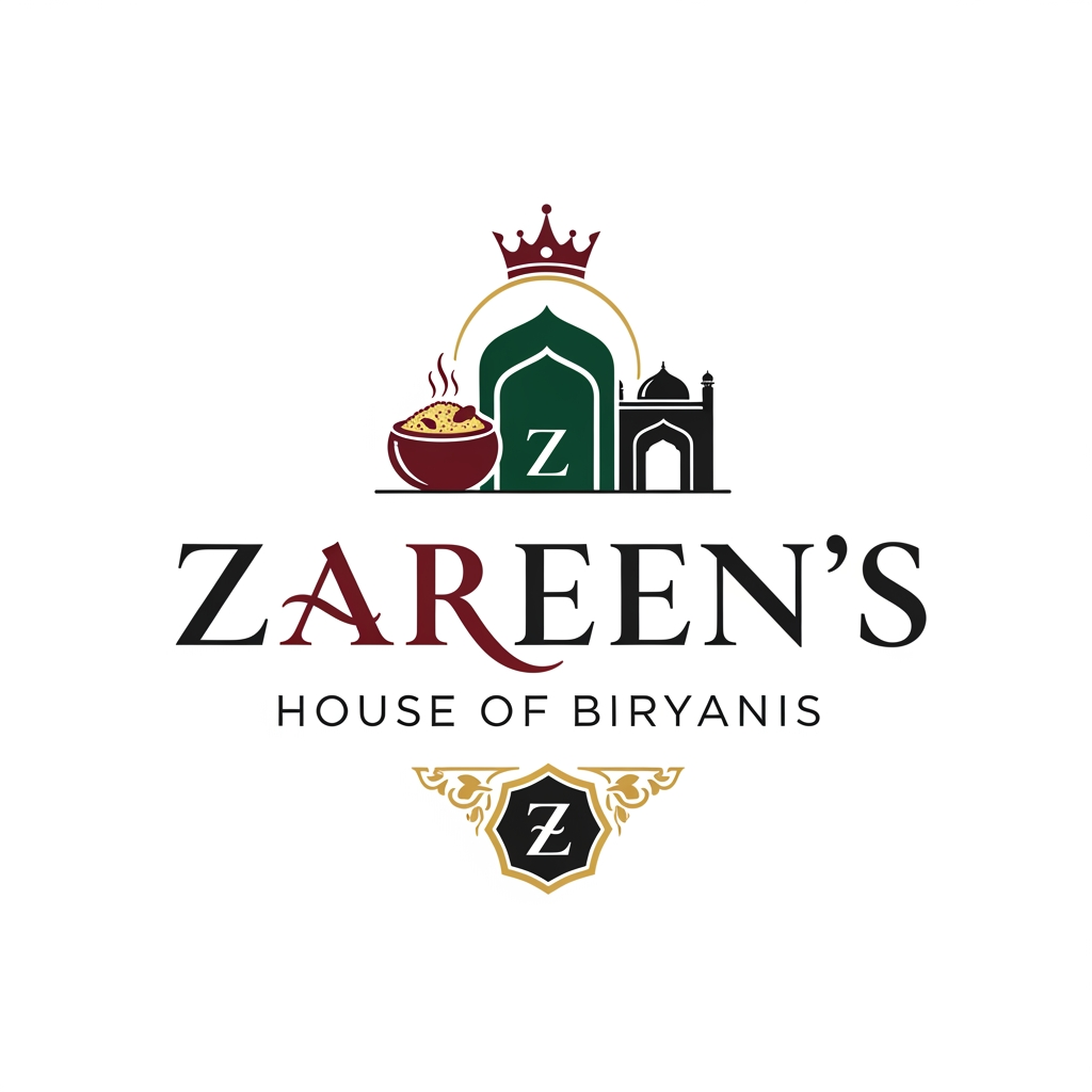 AI Design for Design a luxury, premium, timeless restaurant brand logo for "ZAREEN'S HOUSE OF BIRYANIS", an authentic Indian cuisine brand specializing in Biryanis, Signature Starters, Chinese, and Desserts.

The logo should communicate royalty, authenticity, heritage, craftsmanship, premium quality, and unforgettable taste, while remaining modern enough to work across restaurants, food packaging, delivery apps, uniforms, signage, social media, and premium branding.

The visual identity should blend Mughal elegance with modern minimalism, avoiding cliché restaurant graphics and cartoon illustrations.

Typography

Primary focus should be on elegant custom typography.
"ZAREEN'S" should be the hero element.
"HOUSE OF BIRYANIS" should complement it in refined lettering.
Create a unique typographic identity rather than using standard fonts.
Sophisticated serif with handcrafted details or premium calligraphic lettering.
Balanced spacing with luxurious proportions.

Symbol
Create a memorable iconic mark that subtly combines:

royal crown
traditional biryani handi (pot)
aromatic steam
Mughal arch
elegant "Z" monogram
ornamental floral geometry
premium seal
heritage emblem

The icon should be simple, scalable, and instantly recognizable even without text.

Avoid obvious chef hats, spoons, forks, smiling mascots, generic food illustrations, flames, or clip-art.

Style
Premium luxury restaurant branding similar to Michelin-quality identities.

Blend:

Mughal architecture
Indian heritage
luxury hospitality
refined minimalism
elegant negative space
geometric precision

The logo should feel like a premium dining destination rather than a fast-food outlet.

Color Palette
Primary:

Deep Royal Maroon
Rich Burgundy
Dark Emerald Green
Matte Black

Accent:

Antique Gold
Metallic Gold
Champagne Gold

The logo should also work perfectly in:

full color
monochrome black
white
gold foil
emboss
deboss

Brand Personality

Royal
Premium
Authentic
Traditional
Elegant
Sophisticated
Warm
Rich
Trustworthy
Memorable

Design Characteristics

Clean vector logo
Symmetrical composition
Strong silhouette
Minimal yet luxurious
Excellent readability
Icon + typography lockup
Perfect spacing
Balanced proportions
Works at favicon size
Timeless for 20+ years

Applications
The logo should look exceptional on:

Restaurant façade
Premium food boxes
Biryani buckets
Delivery bags
Takeaway packaging
Paper cups
Uniform embroidery
Menu cards
Social media profile
Website
Mobile app icon
Luxury signage
Neon signage
Foil stamping
Wax seal

Visual Mood
Luxury Indian heritage meets contemporary premium branding, inspired by royal Mughal dining traditions, rich spices, aromatic biryani, handcrafted recipes, and fine hospitality.

Quality
Award-winning logo, Behance featured quality, Pentagram-level branding, minimalist luxury identity, clean vector artwork, Adobe Illustrator style, perfectly centered, high contrast, scalable SVG-ready, no gradients, no mockup, isolated on white background.

Negative Prompt
No chef hat, no spoon, no fork, no knife, no smiling mascot, no cartoon, no generic restaurant logo, no stock icons, no AI-looking graphics, no excessive ornaments, no complex illustration, no photographic effects, no shadows, no gradients, no watermark, no low-quality typography, no clutter, no unnecessary decorative elements.