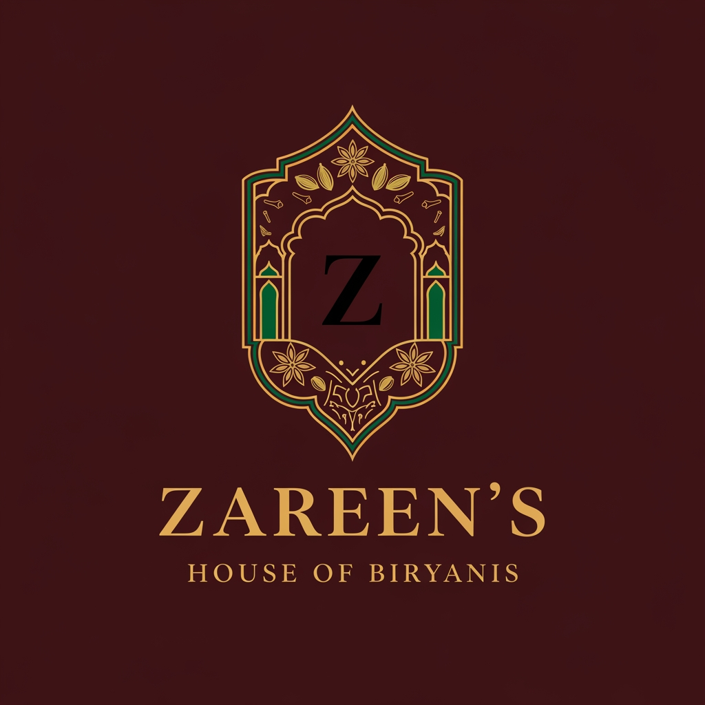 AI Design for Create a timeless luxury logo for ZAREEN'S HOUSE OF BIRYANIS inspired by Mughal royalty and fine dining. Design an elegant "Z" monogram enclosed within a sophisticated royal crest featuring subtle Mughal arches, ornamental geometry, and delicate spice-inspired motifs. Use deep burgundy, emerald green, matte black, and antique gold. The typography should be a refined custom serif with graceful proportions. The overall identity should evoke exclusivity, heritage, and premium craftsmanship while remaining minimal, scalable, and suitable for packaging, restaurant signage, and premium branding. Avoid literal food illustrations.