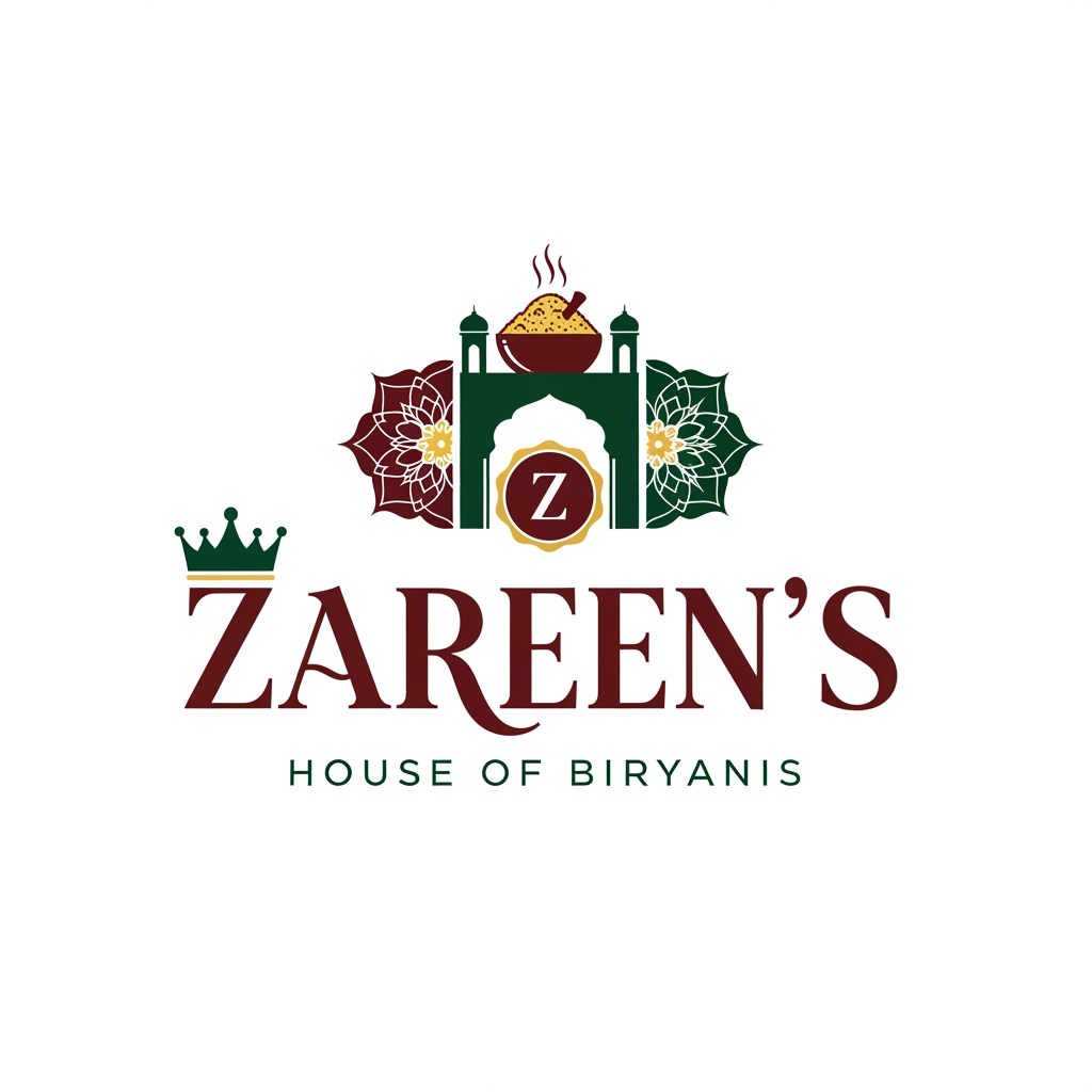 AI Design for Design a luxury, premium, timeless restaurant brand logo for "ZAREEN'S HOUSE OF BIRYANIS", an authentic Indian cuisine brand specializing in Biryanis, Signature Starters, Chinese, and Desserts.

The logo should communicate royalty, authenticity, heritage, craftsmanship, premium quality, and unforgettable taste, while remaining modern enough to work across restaurants, food packaging, delivery apps, uniforms, signage, social media, and premium branding.

The visual identity should blend Mughal elegance with modern minimalism, avoiding cliché restaurant graphics and cartoon illustrations.

Typography

Primary focus should be on elegant custom typography.
"ZAREEN'S" should be the hero element.
"HOUSE OF BIRYANIS" should complement it in refined lettering.
Create a unique typographic identity rather than using standard fonts.
Sophisticated serif with handcrafted details or premium calligraphic lettering.
Balanced spacing with luxurious proportions.

Symbol
Create a memorable iconic mark that subtly combines:

royal crown
traditional biryani handi (pot)
aromatic steam
Mughal arch
elegant "Z" monogram
ornamental floral geometry
premium seal
heritage emblem

The icon should be simple, scalable, and instantly recognizable even without text.

Avoid obvious chef hats, spoons, forks, smiling mascots, generic food illustrations, flames, or clip-art.

Style
Premium luxury restaurant branding similar to Michelin-quality identities.

Blend:

Mughal architecture
Indian heritage
luxury hospitality
refined minimalism
elegant negative space
geometric precision

The logo should feel like a premium dining destination rather than a fast-food outlet.

Color Palette
Primary:

Deep Royal Maroon
Rich Burgundy
Dark Emerald Green
Matte Black

Accent:

Antique Gold
Metallic Gold
Champagne Gold

The logo should also work perfectly in:

full color
monochrome black
white
gold foil
emboss
deboss

Brand Personality

Royal
Premium
Authentic
Traditional
Elegant
Sophisticated
Warm
Rich
Trustworthy
Memorable

Design Characteristics

Clean vector logo
Symmetrical composition
Strong silhouette
Minimal yet luxurious
Excellent readability
Icon + typography lockup
Perfect spacing
Balanced proportions
Works at favicon size
Timeless for 20+ years

Applications
The logo should look exceptional on:

Restaurant façade
Premium food boxes
Biryani buckets
Delivery bags
Takeaway packaging
Paper cups
Uniform embroidery
Menu cards
Social media profile
Website
Mobile app icon
Luxury signage
Neon signage
Foil stamping
Wax seal

Visual Mood
Luxury Indian heritage meets contemporary premium branding, inspired by royal Mughal dining traditions, rich spices, aromatic biryani, handcrafted recipes, and fine hospitality.

Quality
Award-winning logo, Behance featured quality, Pentagram-level branding, minimalist luxury identity, clean vector artwork, Adobe Illustrator style, perfectly centered, high contrast, scalable SVG-ready, no gradients, no mockup, isolated on white background.

Negative Prompt
No chef hat, no spoon, no fork, no knife, no smiling mascot, no cartoon, no generic restaurant logo, no stock icons, no AI-looking graphics, no excessive ornaments, no complex illustration, no photographic effects, no shadows, no gradients, no watermark, no low-quality typography, no clutter, no unnecessary decorative elements.