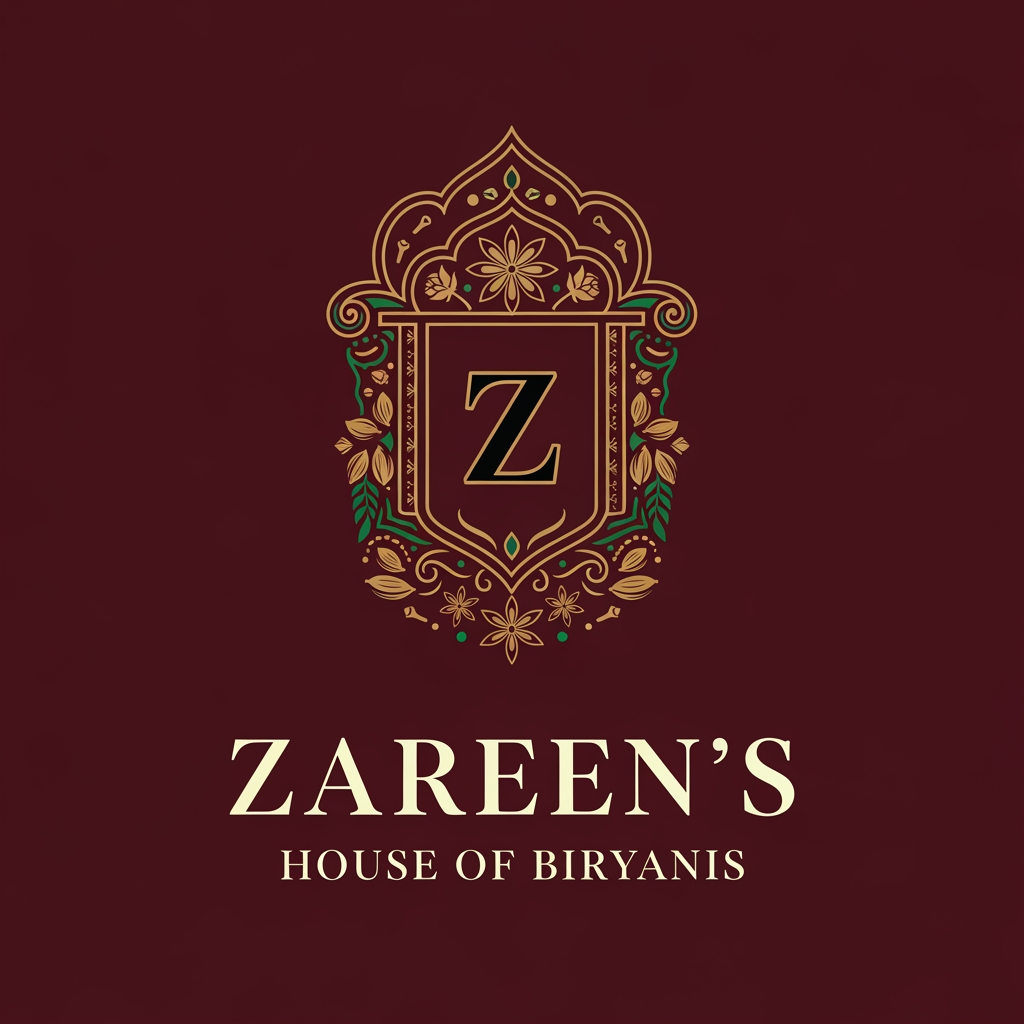 AI Design for Create a timeless luxury logo for ZAREEN'S HOUSE OF BIRYANIS inspired by Mughal royalty and fine dining. Design an elegant "Z" monogram enclosed within a sophisticated royal crest featuring subtle Mughal arches, ornamental geometry, and delicate spice-inspired motifs. Use deep burgundy, emerald green, matte black, and antique gold. The typography should be a refined custom serif with graceful proportions. The overall identity should evoke exclusivity, heritage, and premium craftsmanship while remaining minimal, scalable, and suitable for packaging, restaurant signage, and premium branding. Avoid literal food illustrations.