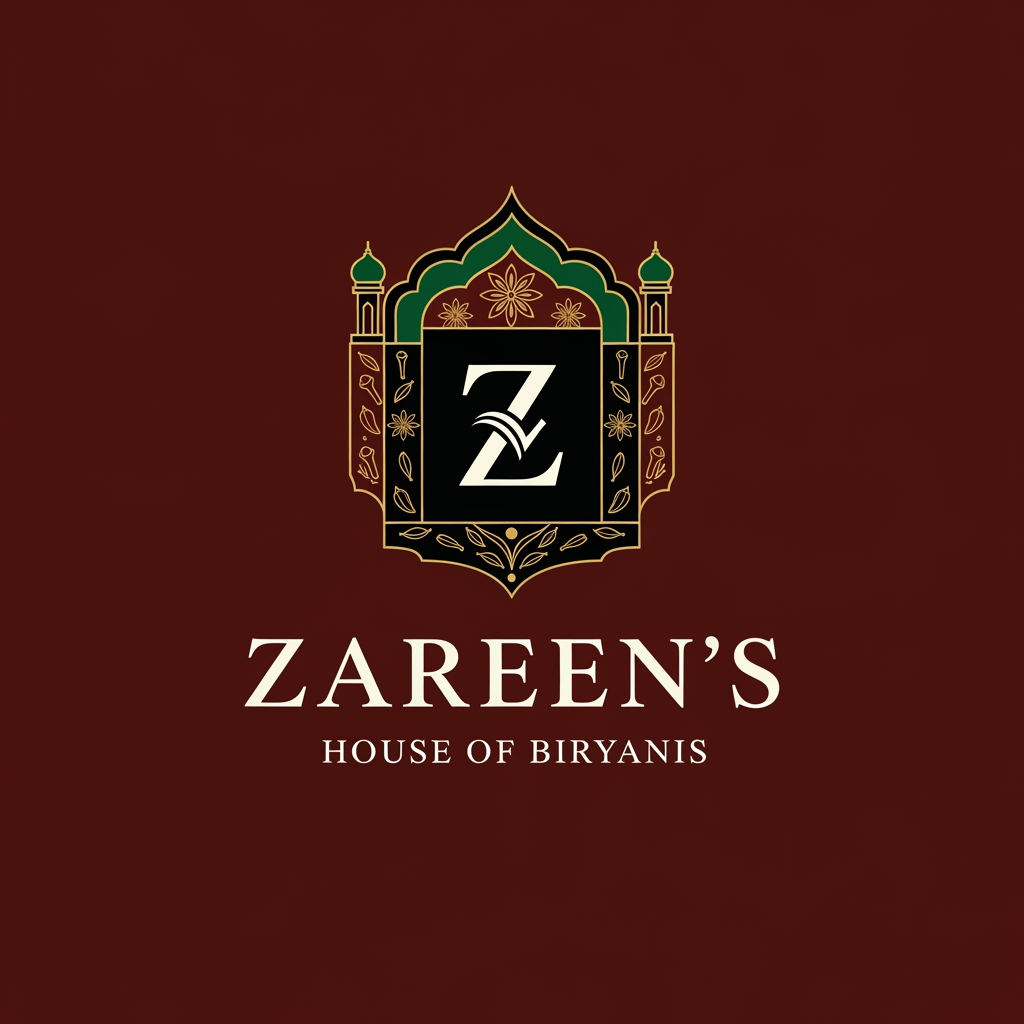 AI Design for Create a timeless luxury logo for ZAREEN'S HOUSE OF BIRYANIS inspired by Mughal royalty and fine dining. Design an elegant "Z" monogram enclosed within a sophisticated royal crest featuring subtle Mughal arches, ornamental geometry, and delicate spice-inspired motifs. Use deep burgundy, emerald green, matte black, and antique gold. The typography should be a refined custom serif with graceful proportions. The overall identity should evoke exclusivity, heritage, and premium craftsmanship while remaining minimal, scalable, and suitable for packaging, restaurant signage, and premium branding. Avoid literal food illustrations.