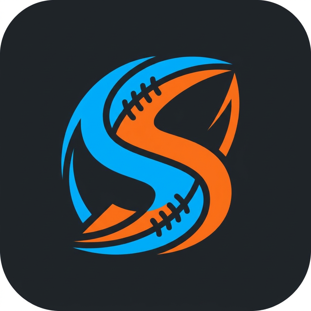 AI Design for A modern, minimalist logo design featuring a stylized letter S integrated with subtle football-themed elements like stitching patterns or a dynamic arc resembling a ball's trajectory. The design should use a bold, high-contrast color palette with a clean geometric aesthetic, suitable for an app icon on a solid, neutral background.