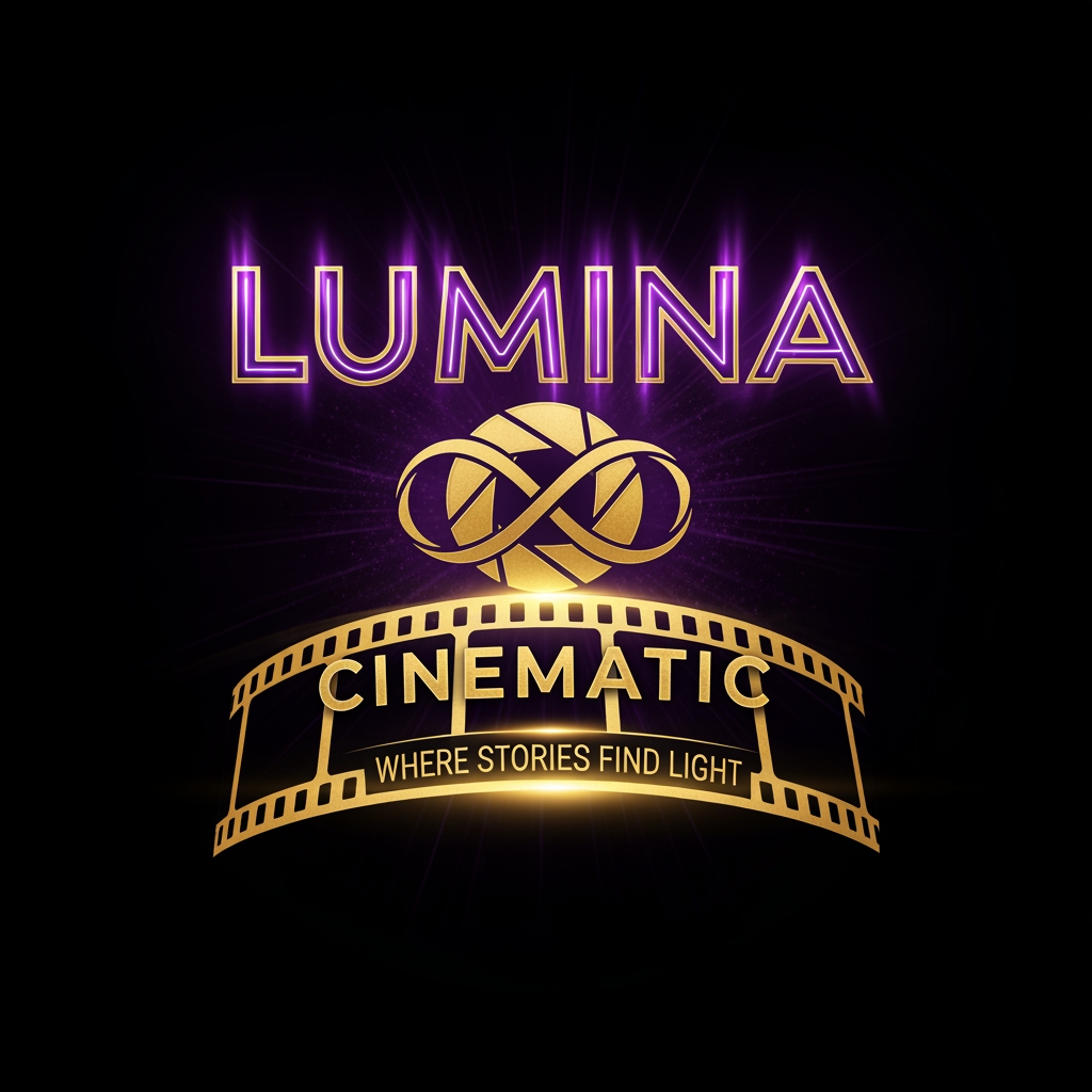 AI Design for THIS IS FOR FILM MAKING, NAME IS LUMINA CINEMATIC REFERS LIGHT. COMBINATION OF FILM STRIP, CAMERA APERTURE AND INFINITY LOGO. ALSO WITH PURPLE ENERGY GLOW AND GOLD PALETTE. LUMINA WORD IN PURPLE ENERGY AND EXCELENT GOLD, CINEMATIC WORD IN SAD GOLD COLOR, ALSO TAGLINE IS WHERE STORIES FIND LIGHT IN FILM STRIP FORMAT. BACKGROUND IS SPACE BLACK