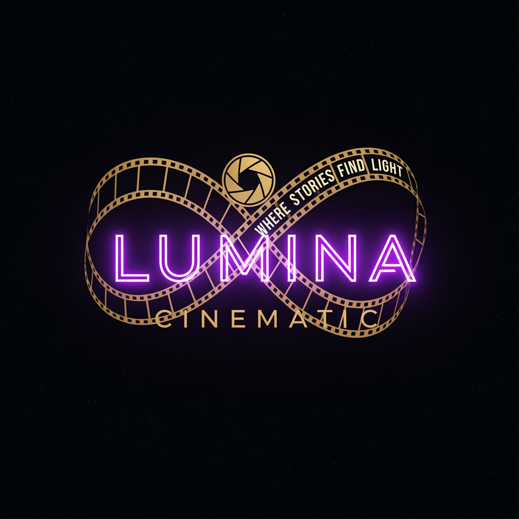 AI Design for THIS IS FOR FILM MAKING, NAME IS LUMINA CINEMATIC REFERS LIGHT. COMBINATION OF FILM STRIP, CAMERA APERTURE AND INFINITY LOGO. ALSO WITH PURPLE ENERGY GLOW AND GOLD PALETTE. LUMINA WORD IN PURPLE ENERGY AND EXCELENT GOLD, CINEMATIC WORD IN SAD GOLD COLOR, ALSO TAGLINE IS WHERE STORIES FIND LIGHT IN FILM STRIP FORMAT. BACKGROUND IS SPACE BLACK