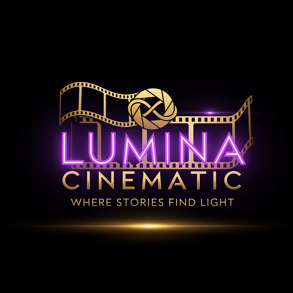 AI Design for THIS IS FOR FILM MAKING, NAME IS LUMINA CINEMATIC REFERS LIGHT. COMBINATION OF FILM STRIP, CAMERA APERTURE AND INFINITY LOGO. ALSO WITH PURPLE ENERGY GLOW AND GOLD PALETTE. LUMINA WORD IN PURPLE ENERGY AND EXCELENT GOLD, CINEMATIC WORD IN SAD GOLD COLOR, ALSO TAGLINE IS WHERE STORIES FIND LIGHT IN FILM STRIP FORMAT. BACKGROUND IS SPACE BLACK