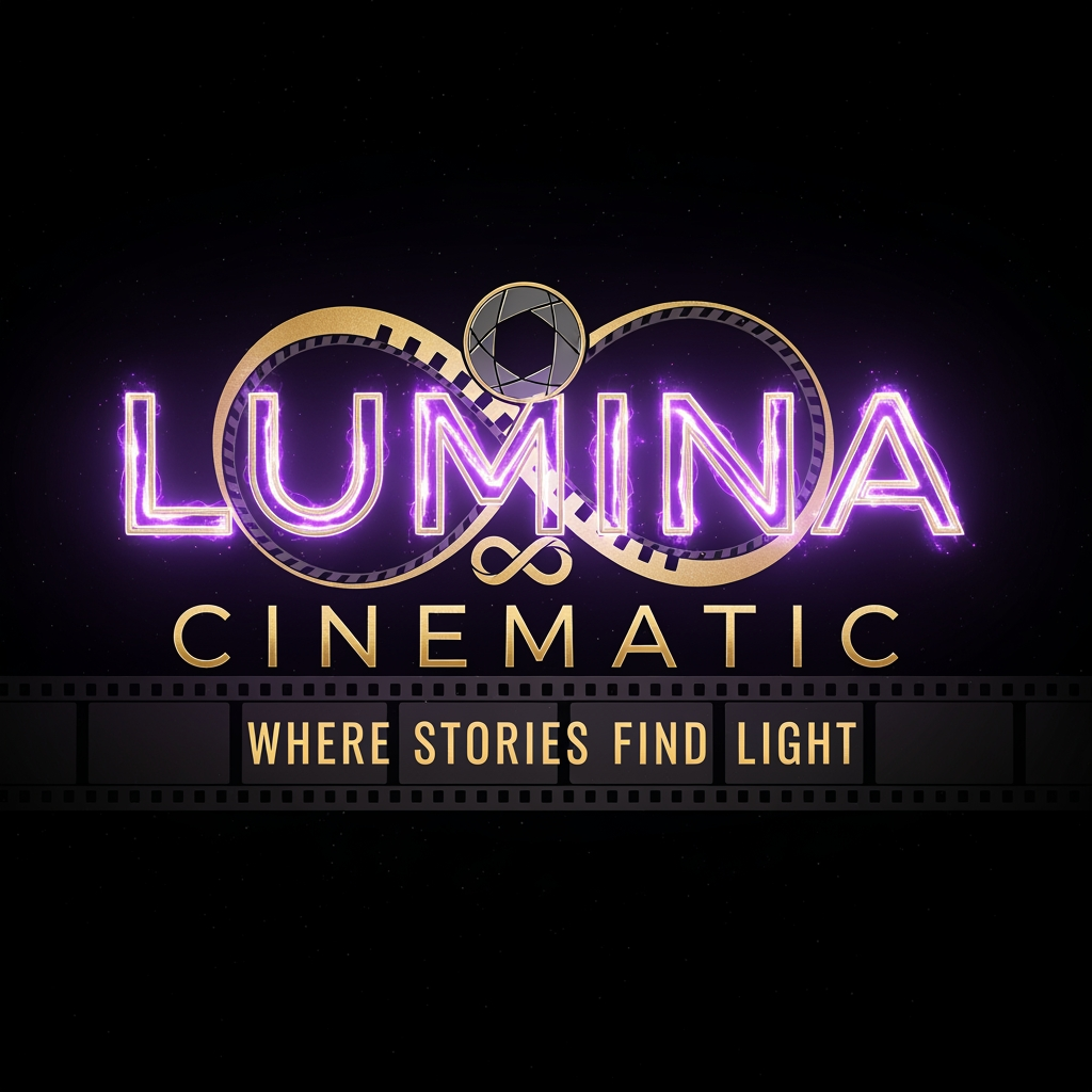 AI Design for THIS IS FOR FILM MAKING, NAME IS LUMINA CINEMATIC REFERS LIGHT. COMBINATION OF FILM STRIP, CAMERA APERTURE AND INFINITY LOGO. ALSO WITH PURPLE ENERGY GLOW AND GOLD PALETTE. LUMINA WORD IN PURPLE ENERGY AND EXCELENT GOLD, CINEMATIC WORD IN SAD GOLD COLOR, ALSO TAGLINE IS WHERE STORIES FIND LIGHT IN FILM STRIP FORMAT. BACKGROUND IS SPACE BLACK