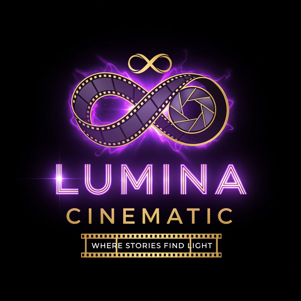 AI Design for THIS IS FOR FILM MAKING, NAME IS LUMINA CINEMATIC REFERS LIGHT. COMBINATION OF FILM STRIP, CAMERA APERTURE AND INFINITY LOGO. ALSO WITH PURPLE ENERGY GLOW AND GOLD PALETTE. LUMINA WORD IN PURPLE ENERGY AND EXCELENT GOLD, CINEMATIC WORD IN SAD GOLD COLOR, ALSO TAGLINE IS WHERE STORIES FIND LIGHT IN FILM STRIP FORMAT. BACKGROUND IS SPACE BLACK