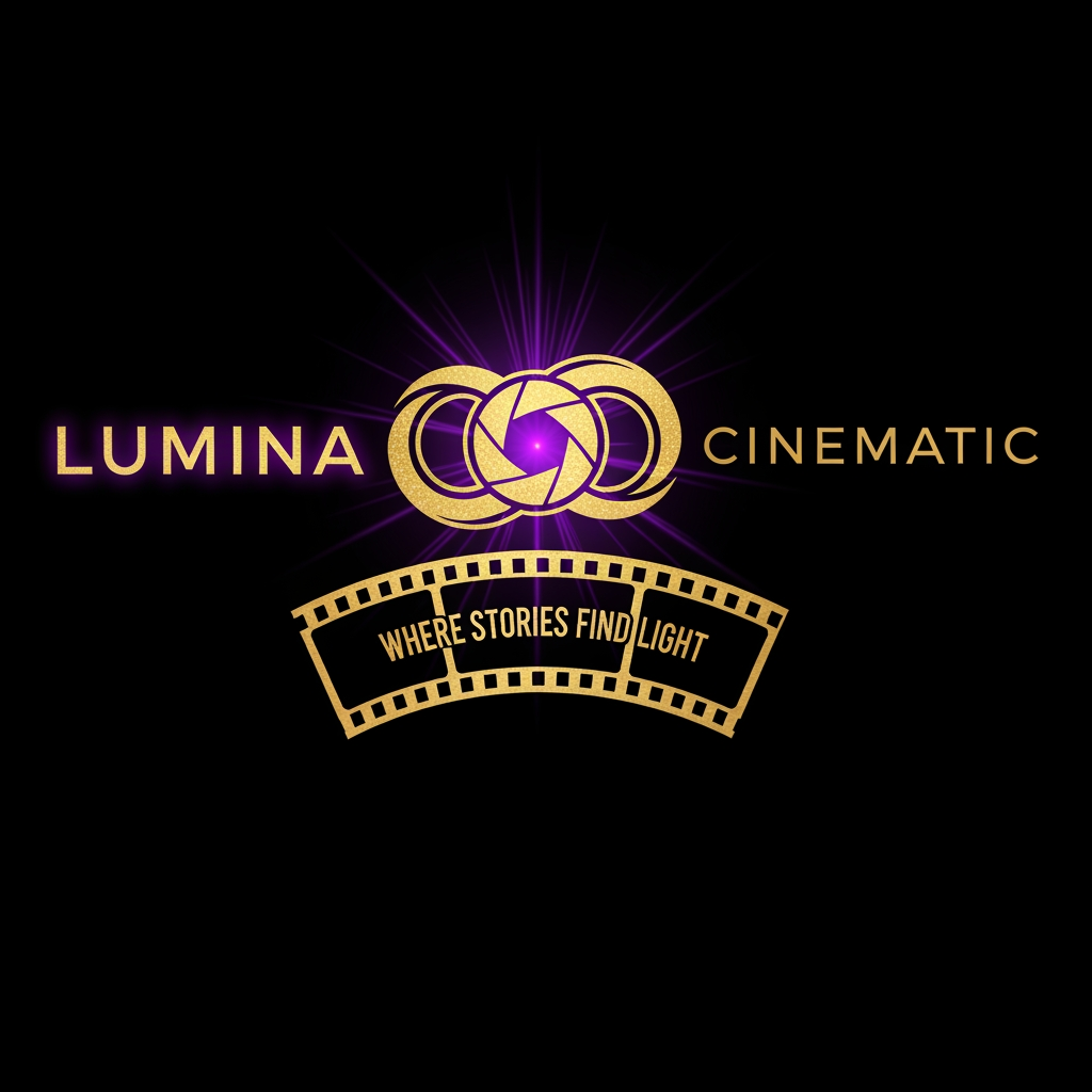 AI Design for THIS IS FOR FILM MAKING, NAME IS LUMINA CINEMATIC REFERS LIGHT. COMBINATION OF FILM STRIP, CAMERA APERTURE AND INFINITY LOGO. ALSO WITH PURPLE ENERGY GLOW AND GOLD PALETTE. LUMINA WORD IN PURPLE ENERGY AND EXCELENT GOLD, CINEMATIC WORD IN SAD GOLD COLOR, ALSO TAGLINE IS WHERE STORIES FIND LIGHT IN FILM STRIP FORMAT. BACKGROUND IS SPACE BLACK