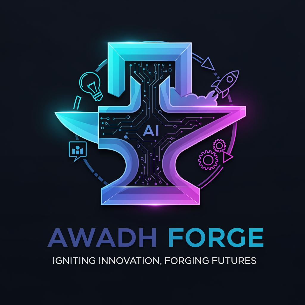 AI Design for Design a premium, modern, and eye-catching logo for Awadh Forge, an innovation and startup community empowering students, developers, entrepreneurs, and creators. Include futuristic gradients, glowing geometric shapes, abstract technology patterns, AI circuits, startup icons, and subtle 3D elements. The typography should be bold, clean, and highly readable with a professional corporate aesthetic. also a tagline line and give somemore options