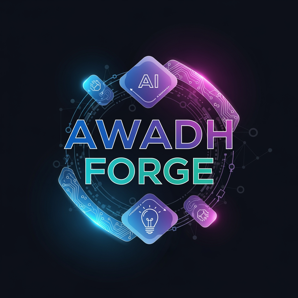 AI Design for Design a premium, modern, and eye-catching logo for Awadh Forge, an innovation and startup community empowering students, developers, entrepreneurs, and creators. Include futuristic gradients, glowing geometric shapes, abstract technology patterns, AI circuits, startup icons, and subtle 3D elements. The typography should be bold, clean, and highly readable with a professional corporate aesthetic.