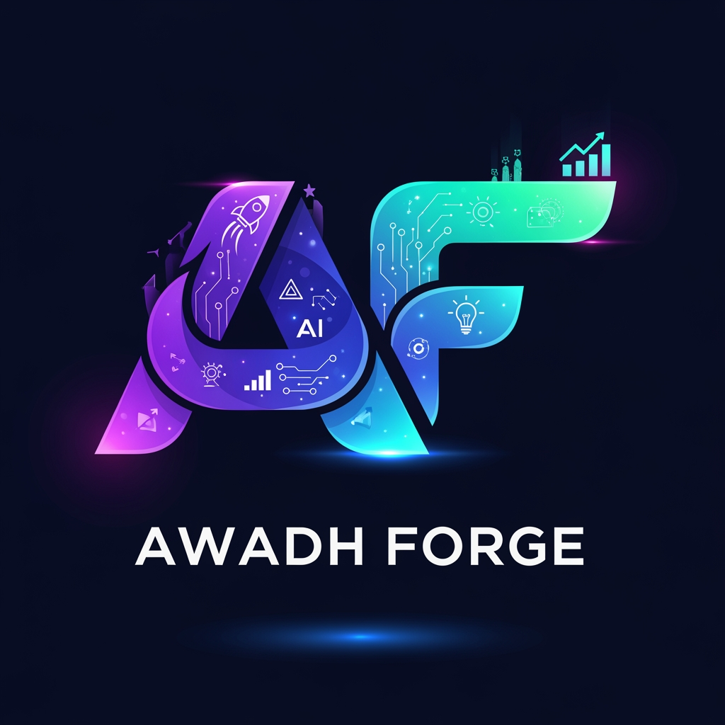AI Design for Design a premium, modern, and eye-catching logo for Awadh Forge, an innovation and startup community empowering students, developers, entrepreneurs, and creators. Include futuristic gradients, glowing geometric shapes, abstract technology patterns, AI circuits, startup icons, and subtle 3D elements. The typography should be bold, clean, and highly readable with a professional corporate aesthetic.