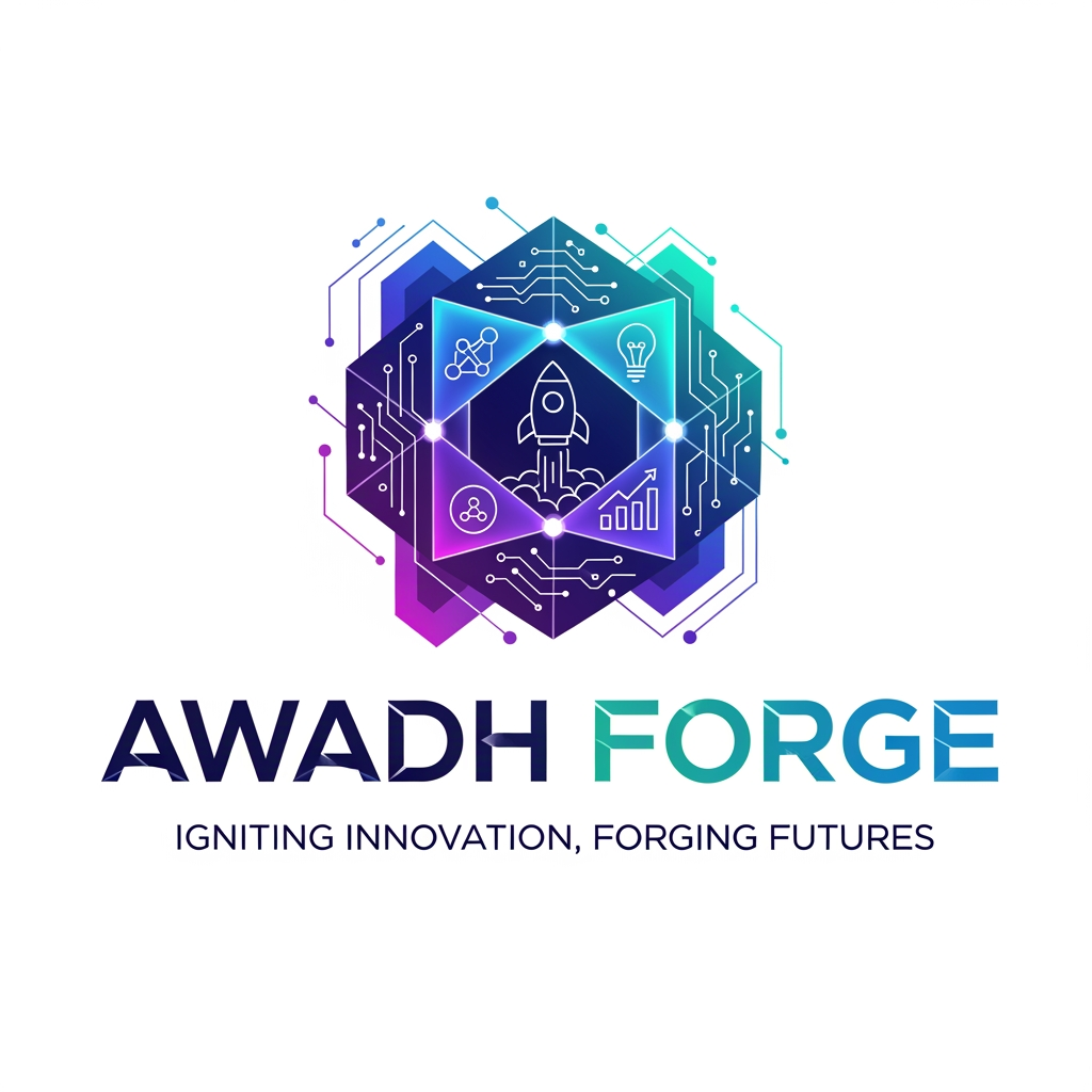 AI Design for Design a premium, modern, and eye-catching logo for Awadh Forge, an innovation and startup community empowering students, developers, entrepreneurs, and creators. Include futuristic gradients, glowing geometric shapes, abstract technology patterns, AI circuits, startup icons, and subtle 3D elements. The typography should be bold, clean, and highly readable with a professional corporate aesthetic. also a tagline line and give somemore options