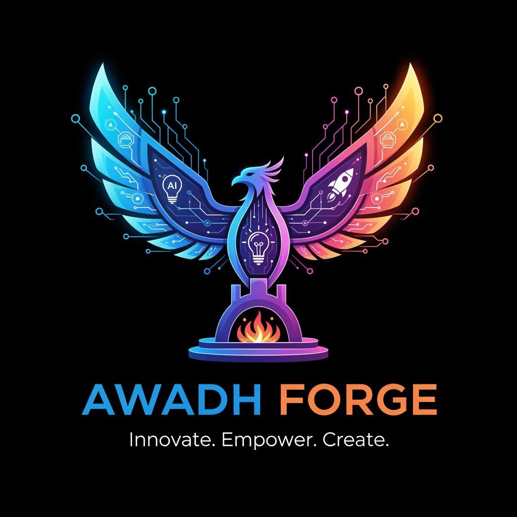 AI Design for Design a premium, modern, and eye-catching logo for Awadh Forge, an innovation and startup community empowering students, developers, entrepreneurs, and creators. Include futuristic gradients, glowing geometric shapes, abstract technology patterns, AI circuits, startup icons, and subtle 3D elements. The typography should be bold, clean, and highly readable with a professional corporate aesthetic. also a tagline line and give somemore options