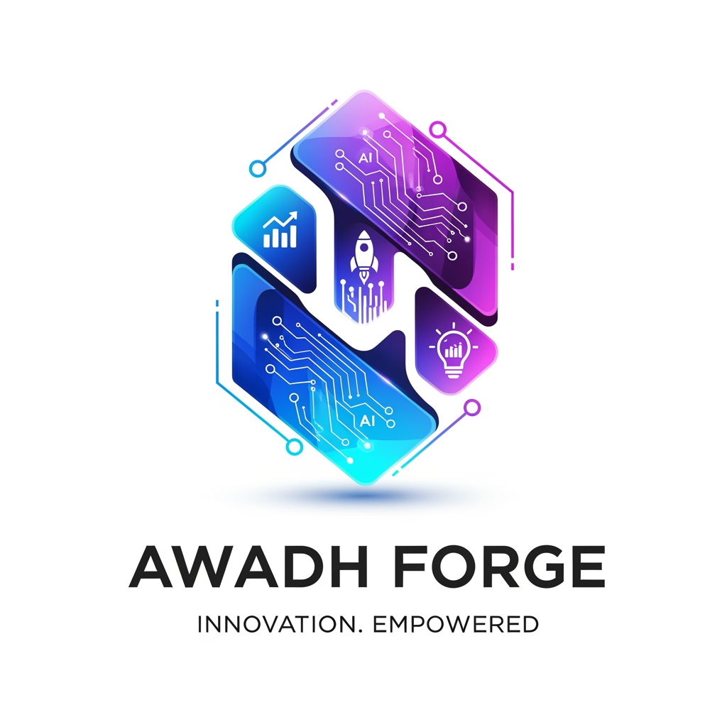AI Design for Design a premium, modern, and eye-catching logo for Awadh Forge, an innovation and startup community empowering students, developers, entrepreneurs, and creators. Include futuristic gradients, glowing geometric shapes, abstract technology patterns, AI circuits, startup icons, and subtle 3D elements. The typography should be bold, clean, and highly readable with a professional corporate aesthetic. also a tagline line and give somemore options