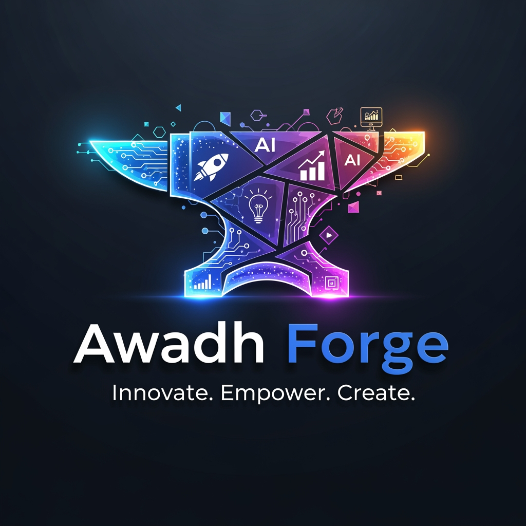 AI Design for Design a premium, modern, and eye-catching logo for Awadh Forge, an innovation and startup community empowering students, developers, entrepreneurs, and creators. Include futuristic gradients, glowing geometric shapes, abstract technology patterns, AI circuits, startup icons, and subtle 3D elements. The typography should be bold, clean, and highly readable with a professional corporate aesthetic. also a tagline line and give somemore options