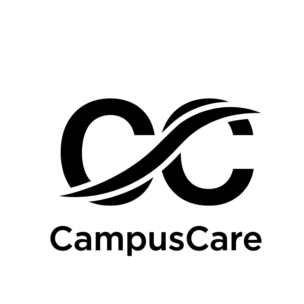AI Design for Edit this logo while preserving the existing "CC" monogram exactly as it is. Do not modify the icon, curves, proportions, or style. Only reduce the size of the "CampusCare" text below the logo to approximately 20–25% of its current size. Center the text perfectly beneath the icon with balanced spacing and proper alignment. Use a clean, modern sans-serif font (Montserrat, Poppins, or Avenir) with medium letter spacing and a professional appearance. Ensure the smaller text remains crisp and readable without drawing attention away from the logo. Keep the background pure white and the logo solid black. Maintain a premium, minimalist, vector-style finish with perfect symmetry, sharp edges, and high resolution.