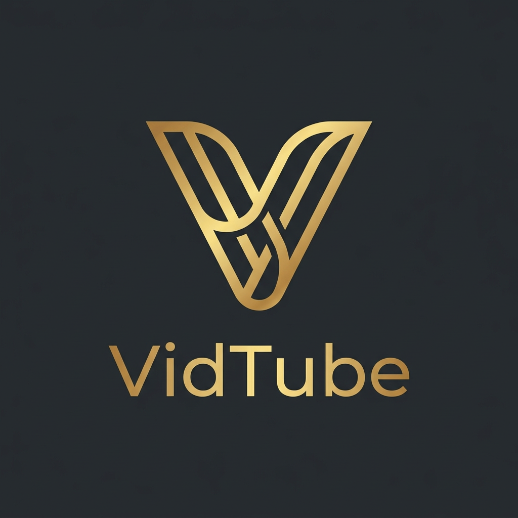 AI Design for A sleek, modern minimalist logo design centered around the letter V for a video-sharing platform. The design features elegant geometric lines and a fluid, metallic gold gradient finish against a deep charcoal background, emphasizing a high-end, premium aesthetic. Sharp focus, vector graphic style, clean composition, professional branding. the name is "VidTube"
