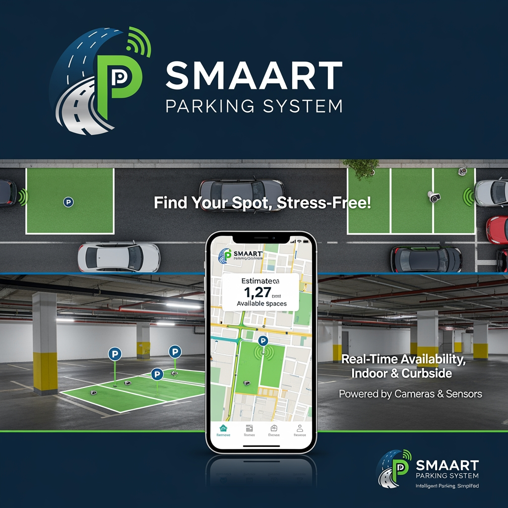 AI Design for design a logo and poster for a SMAART parking system project- where we are making an app to make it convenient to find parking spots on the sides of the road and in indoor parking areas using cameras and sensors