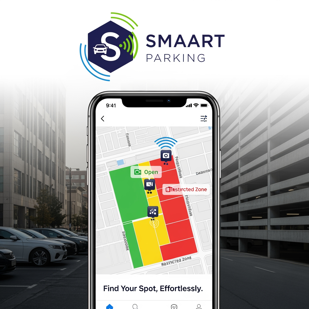 AI Design for design a logo and poster for a SMAART parking system project- where we are making an app to make it convenient to find parking spots on the sides of the road and in indoor parking areas using cameras and sensors