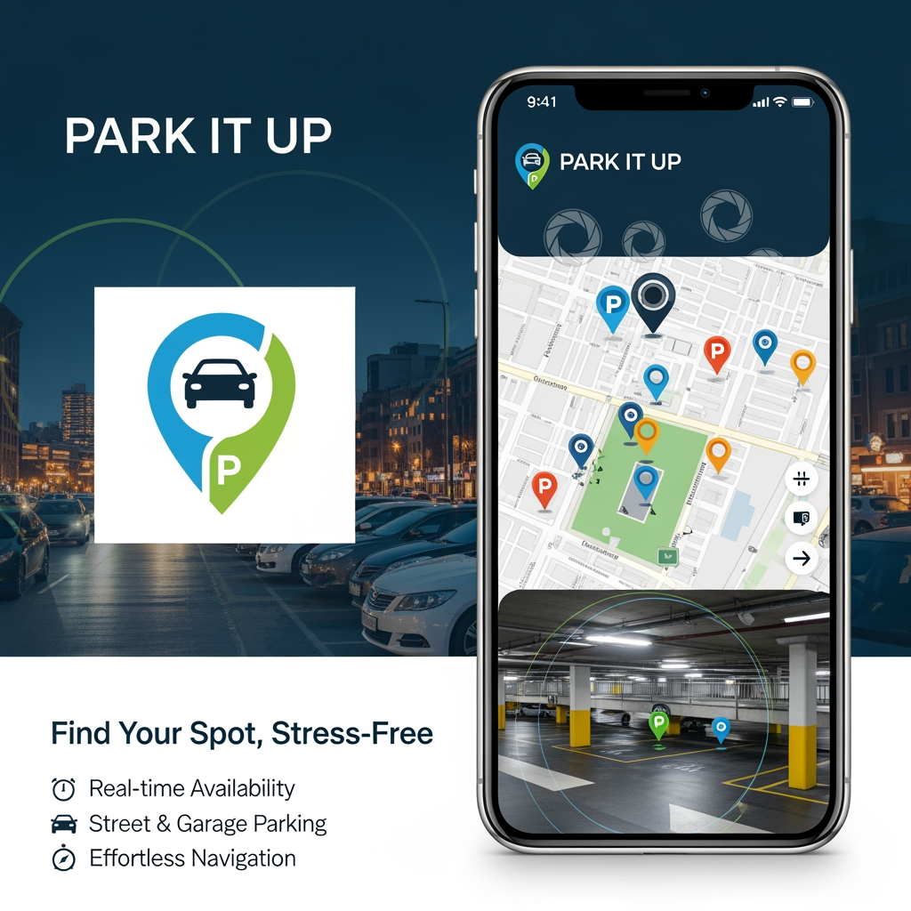 AI Design for design a logo and poster for a 'park it up' parking system project- where we are making an app to make it convenient to find parking spots on the sides of the road and in indoor parking areas using cameras and