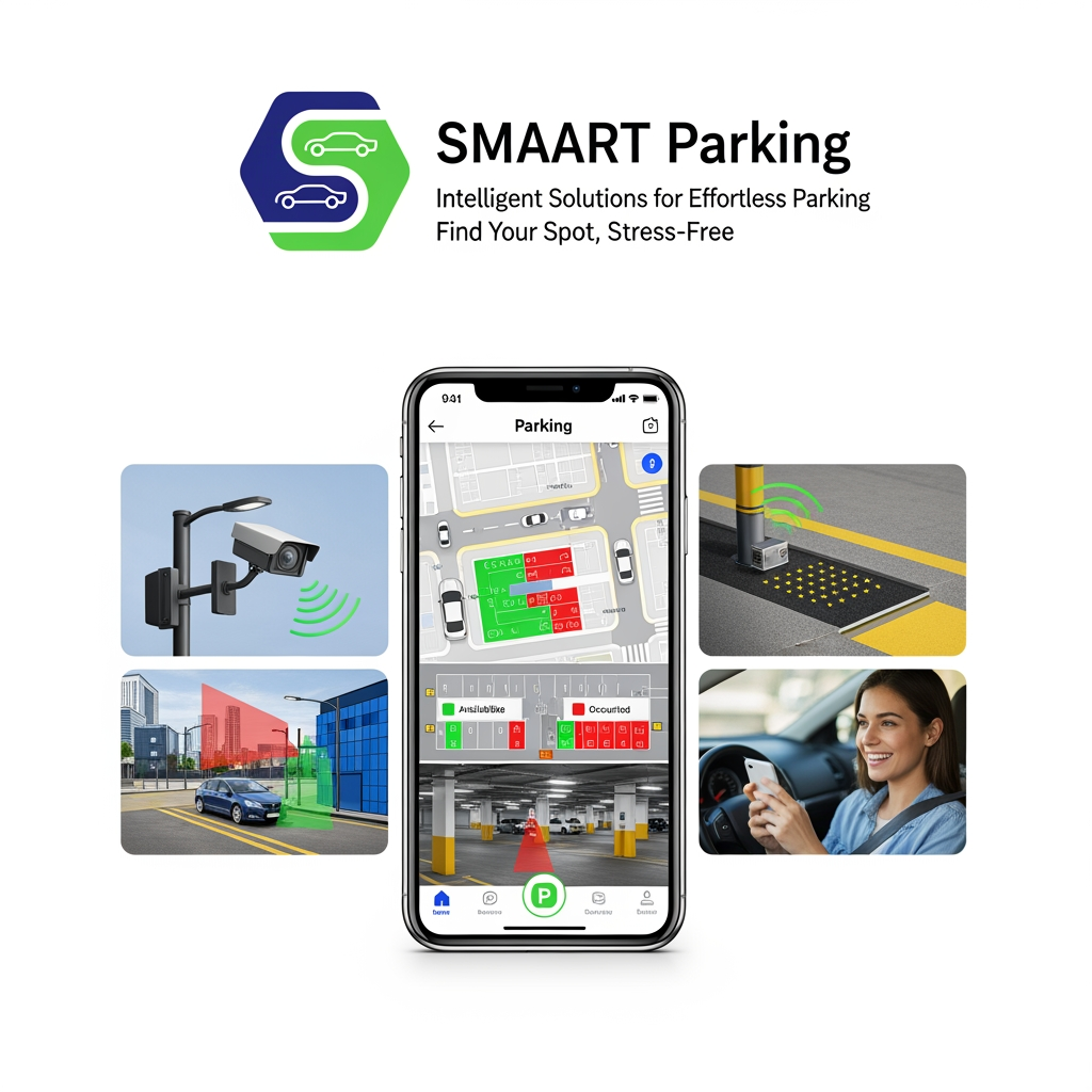 AI Design for design a logo and poster for a SMAART parking system project- where we are making an app to make it convenient to find parking spots on the sides of the road and in indoor parking areas using cameras and sensors