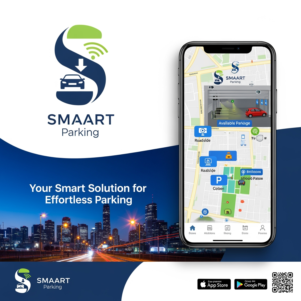 AI Design for design a logo and poster for a SMAART parking system project- where we are making an app to make it convenient to find parking spots on the sides of the road and in indoor parking areas using cameras and sensors
