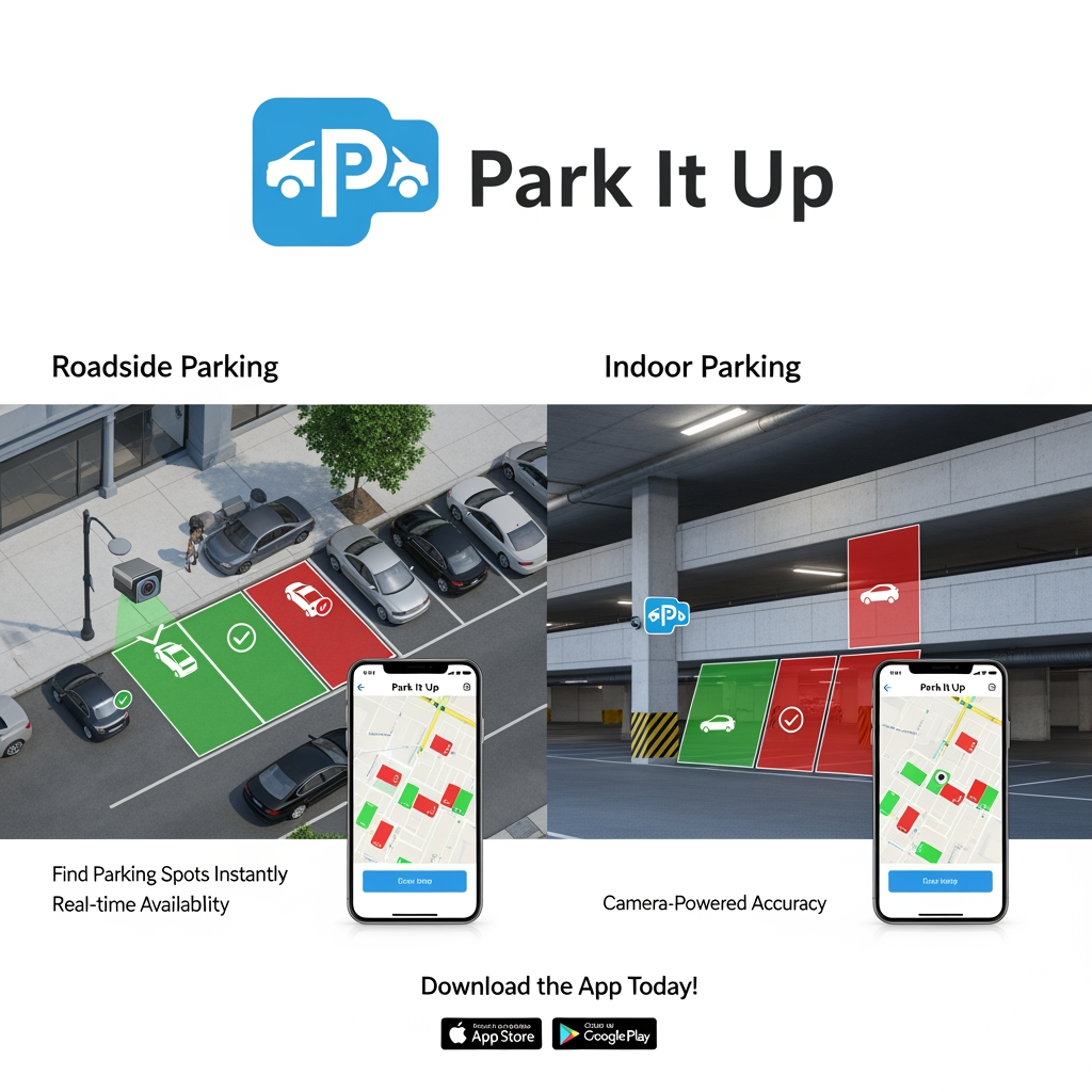 AI Design for design a logo and poster for a 'park it up' parking system project- where we are making an app to make it convenient to find parking spots on the sides of the road and in indoor parking areas using cameras and
