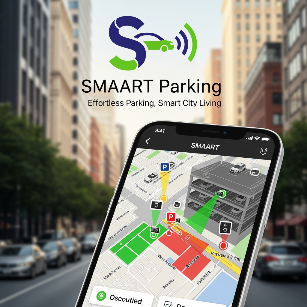 AI Design for design a logo and poster for a SMAART parking system project- where we are making an app to make it convenient to find parking spots on the sides of the road and in indoor parking areas using cameras and sensors